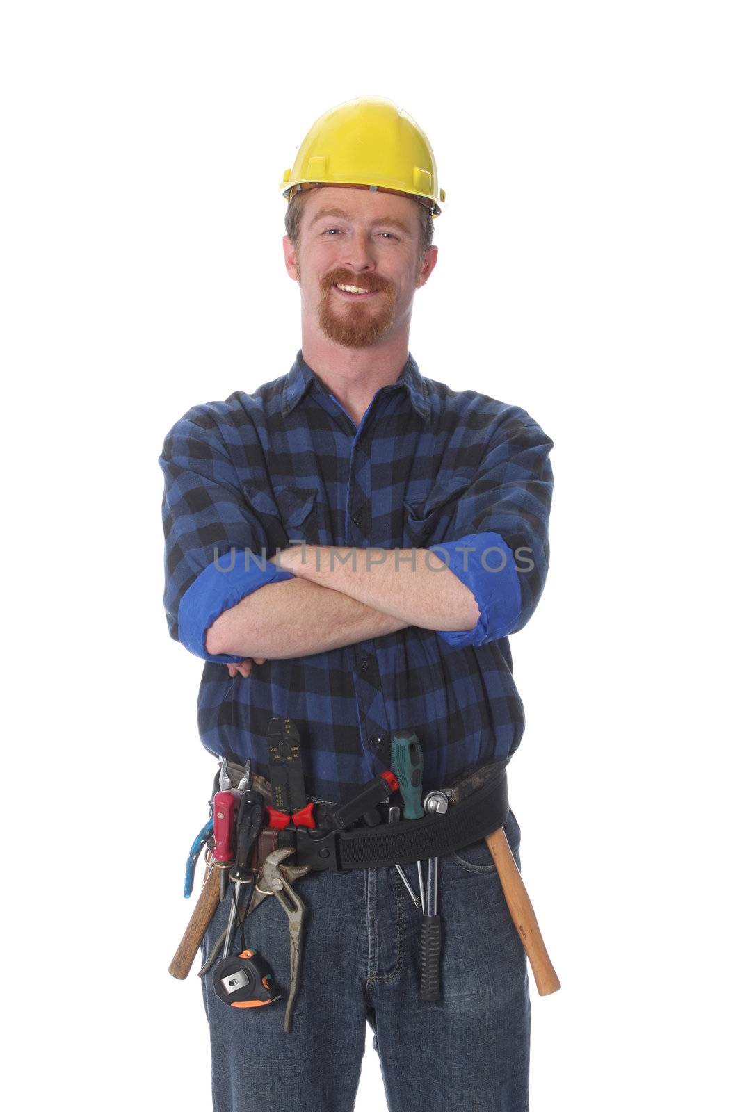 construction worker with helmet on white background