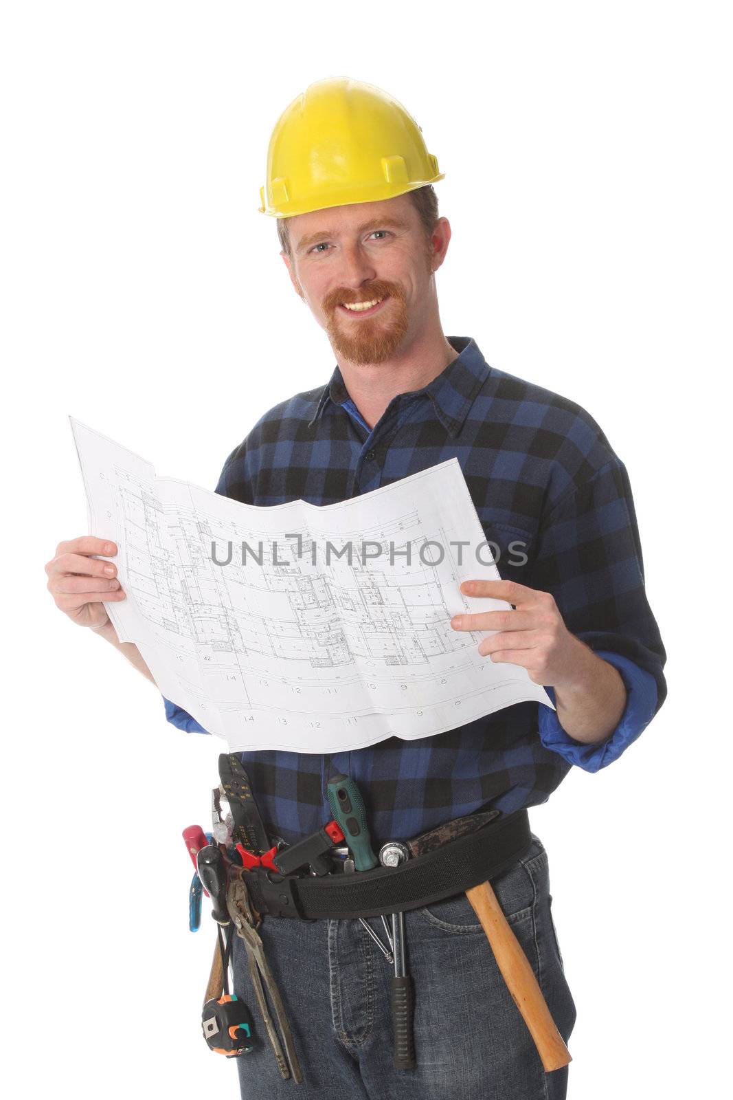 construction worker with architectural plans on white background