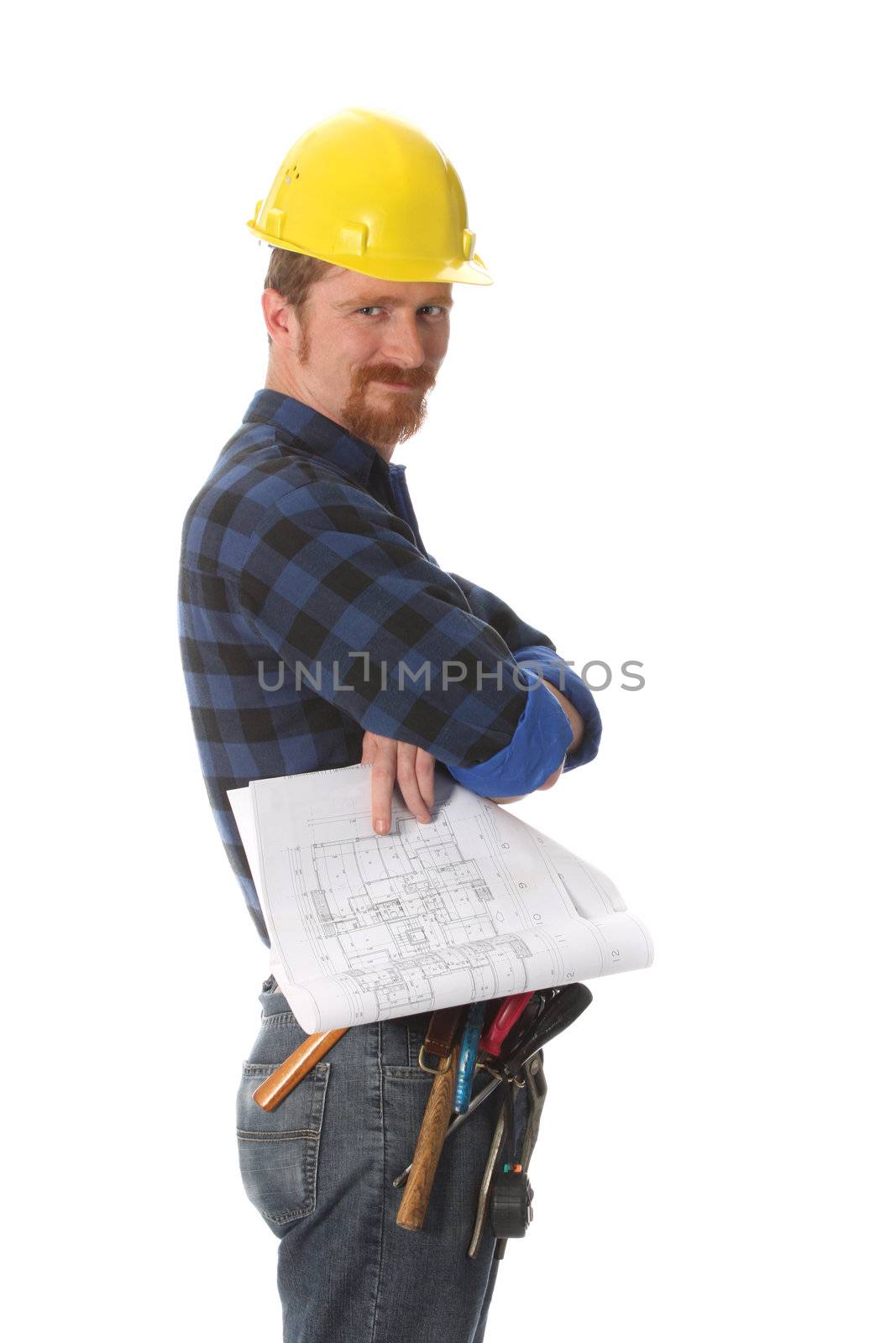 construction worker with architectural plans on white background