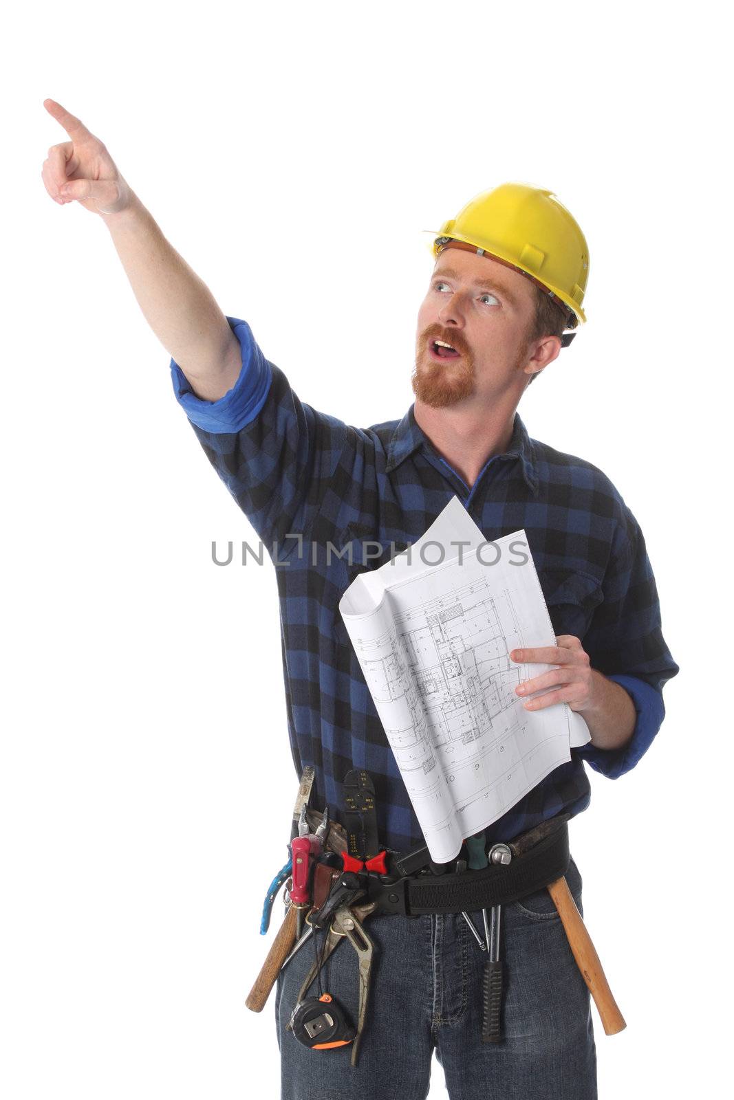 construction worker pointing on architectural plans by vladacanon