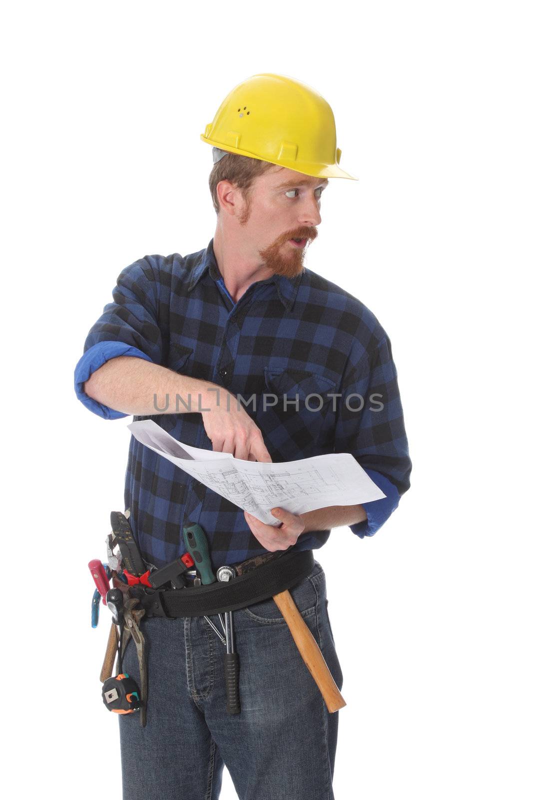 construction worker pointing on architectural plans on white background