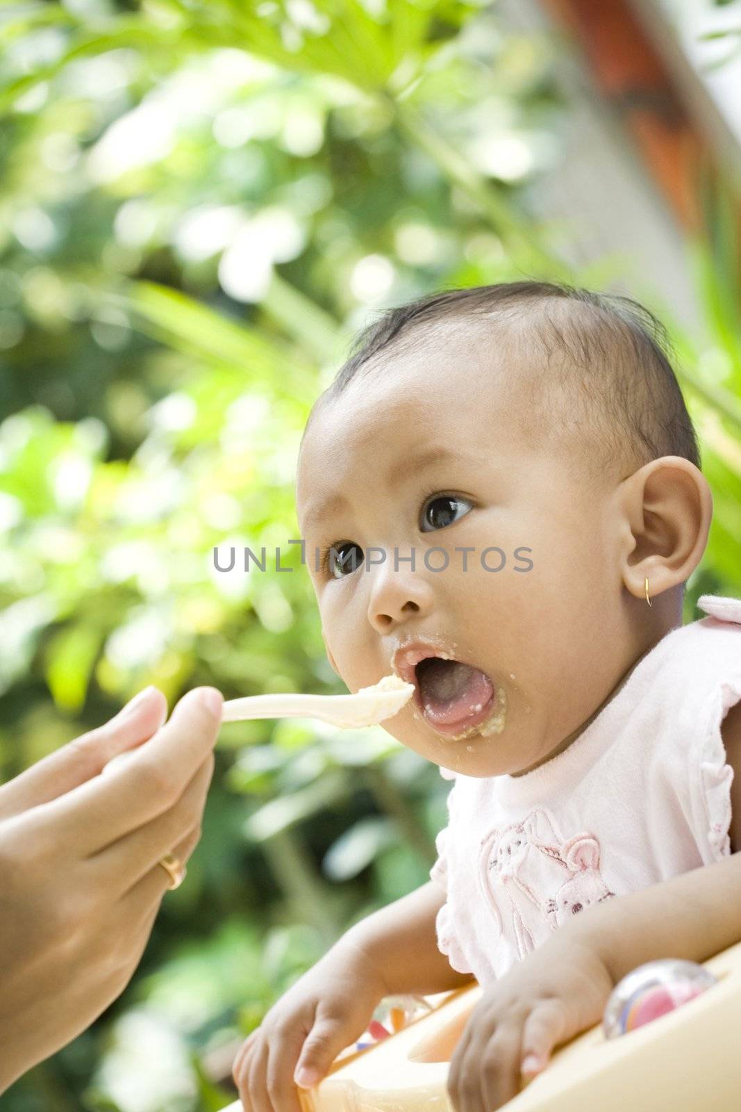 7 months asian baby girl open her mouth waiting a spoon of meal from her mother