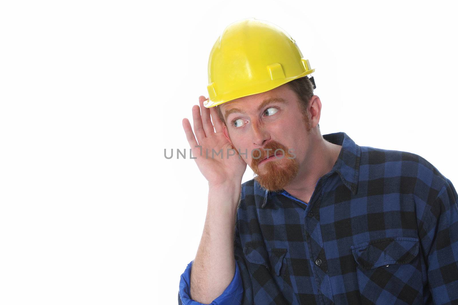 construction worker with hand on ear on white background