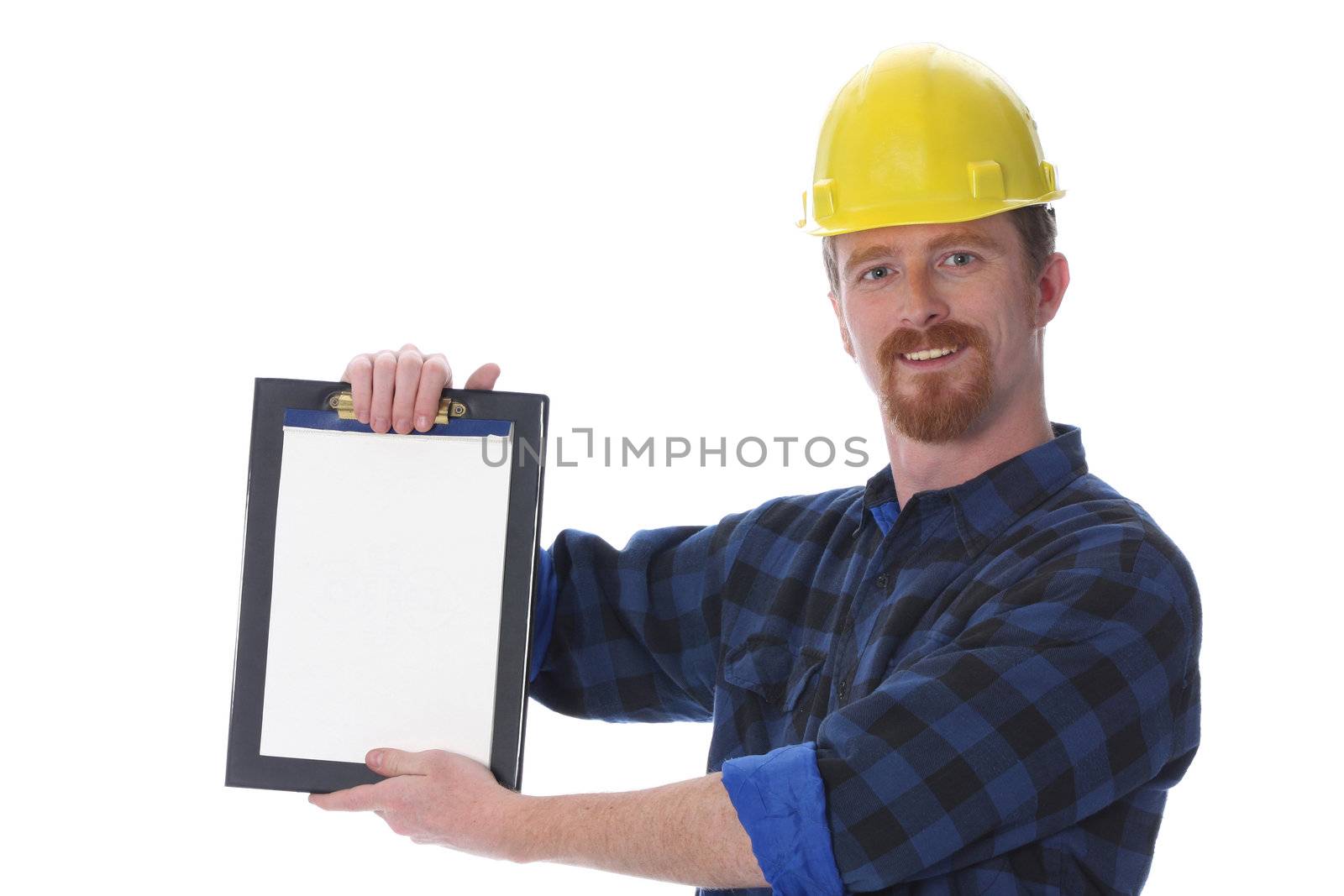 construction worker with documents on white background 