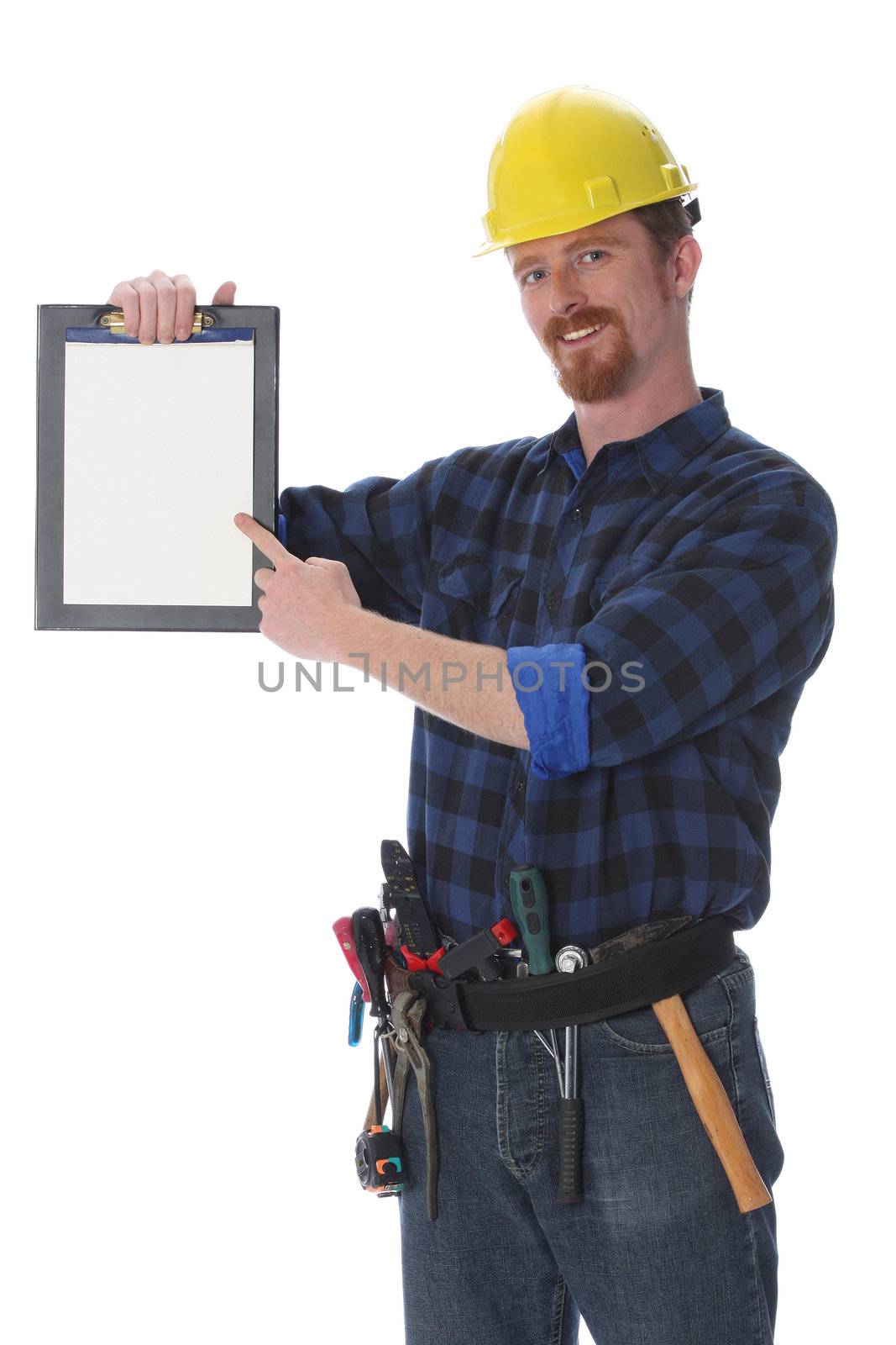 construction worker with documents on white background 