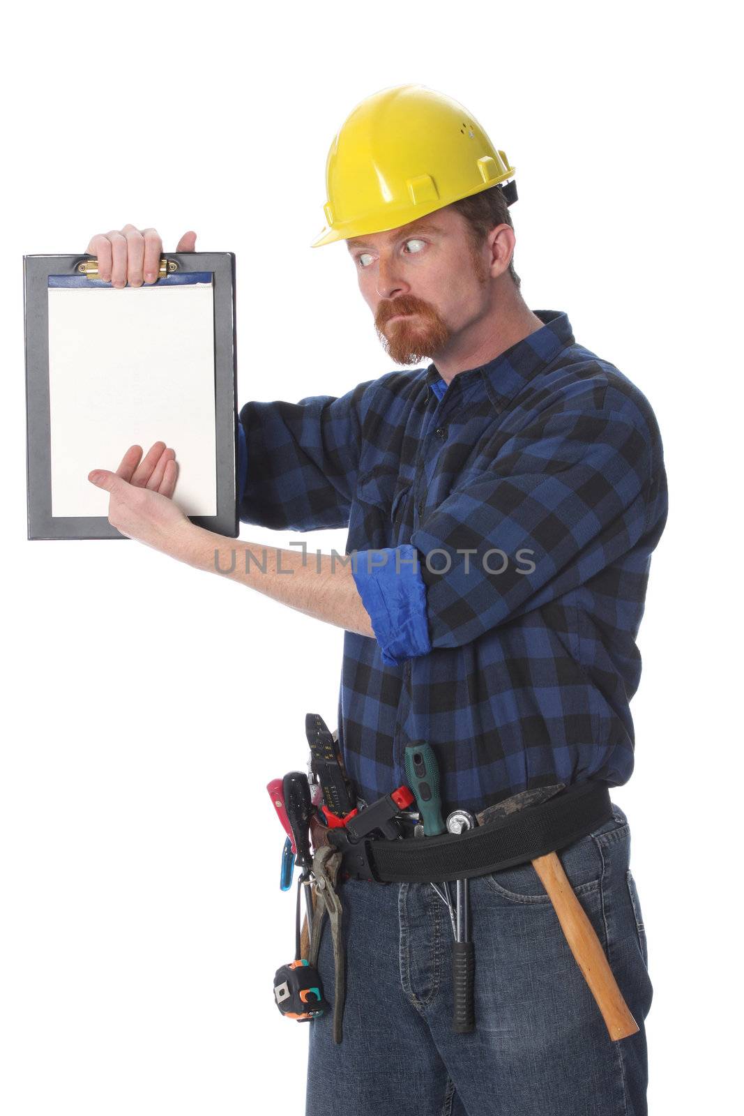 Details an construction worker wonderfully looking on documents 