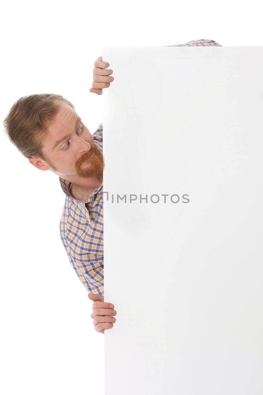 Man with blank placard over white background