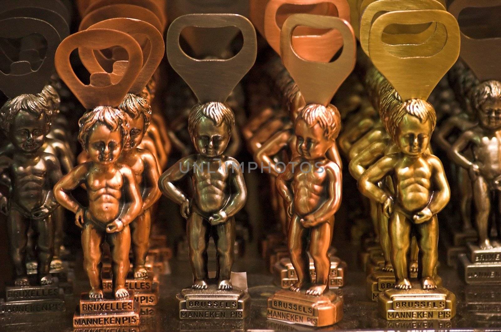 Manneken Pis statues in a souvenir shop in Brussels