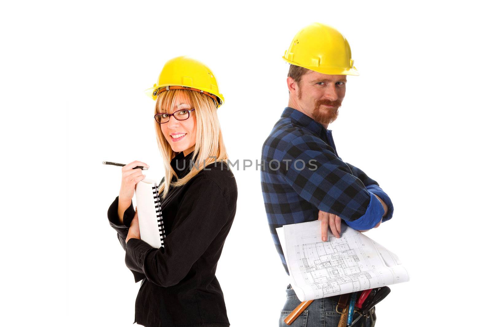 architect and construction worker with architectural plans
