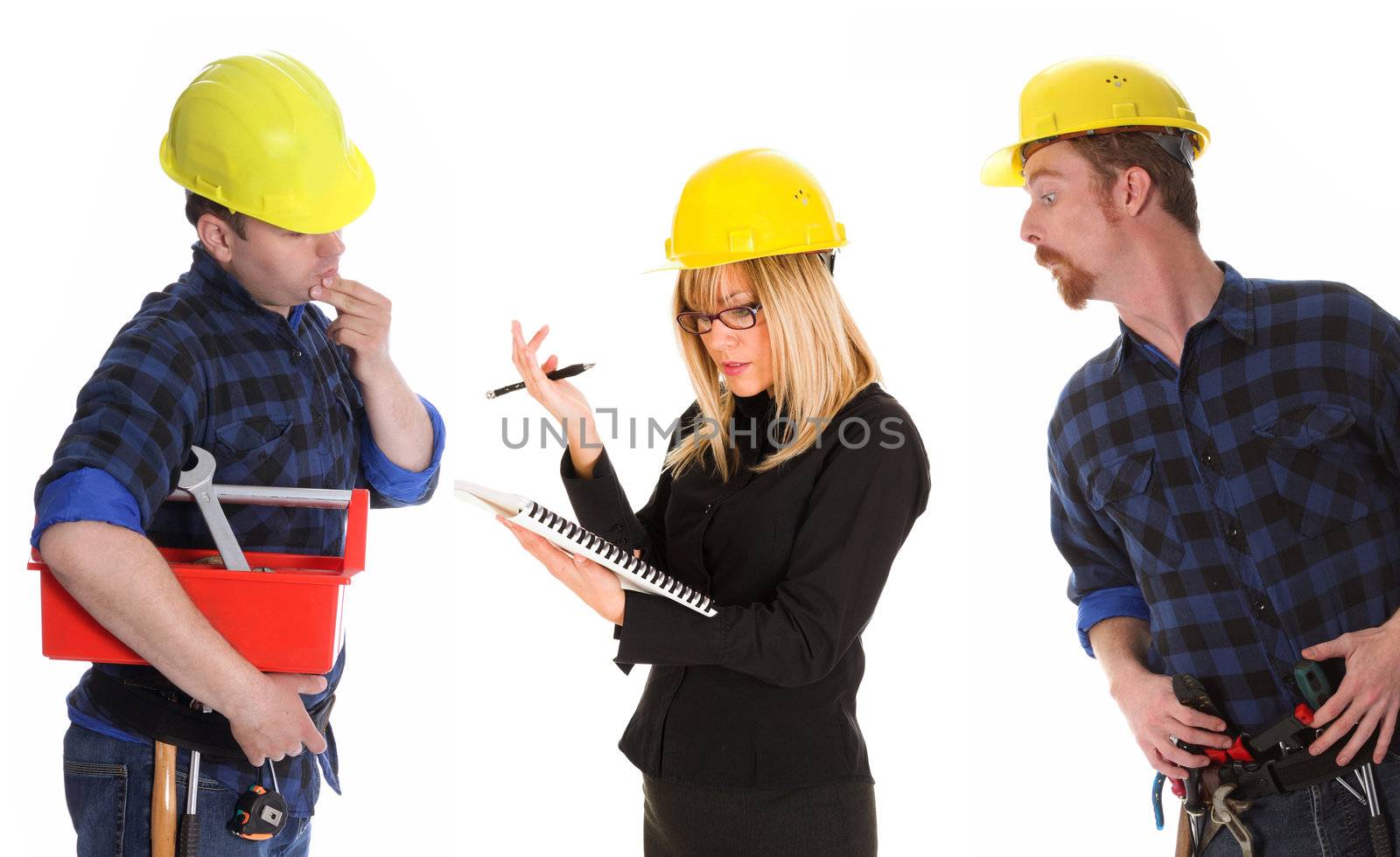 angry businesswoman and construction workers with architectural plans
