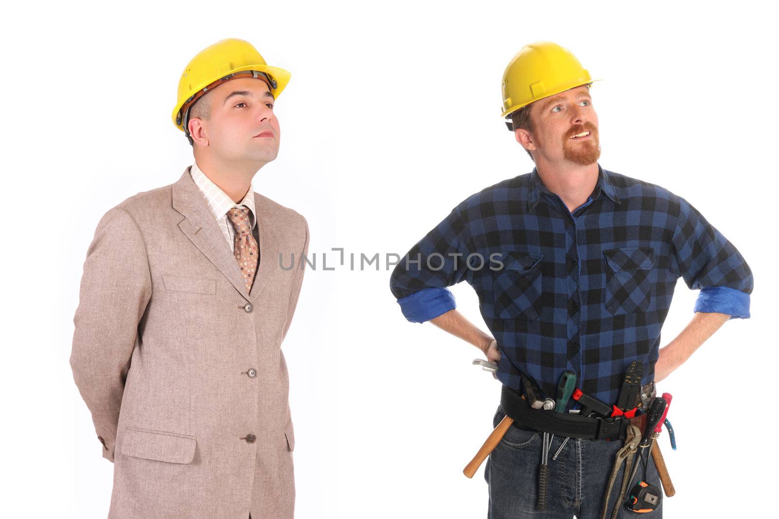construction worker pointing on architectural plans and architect 