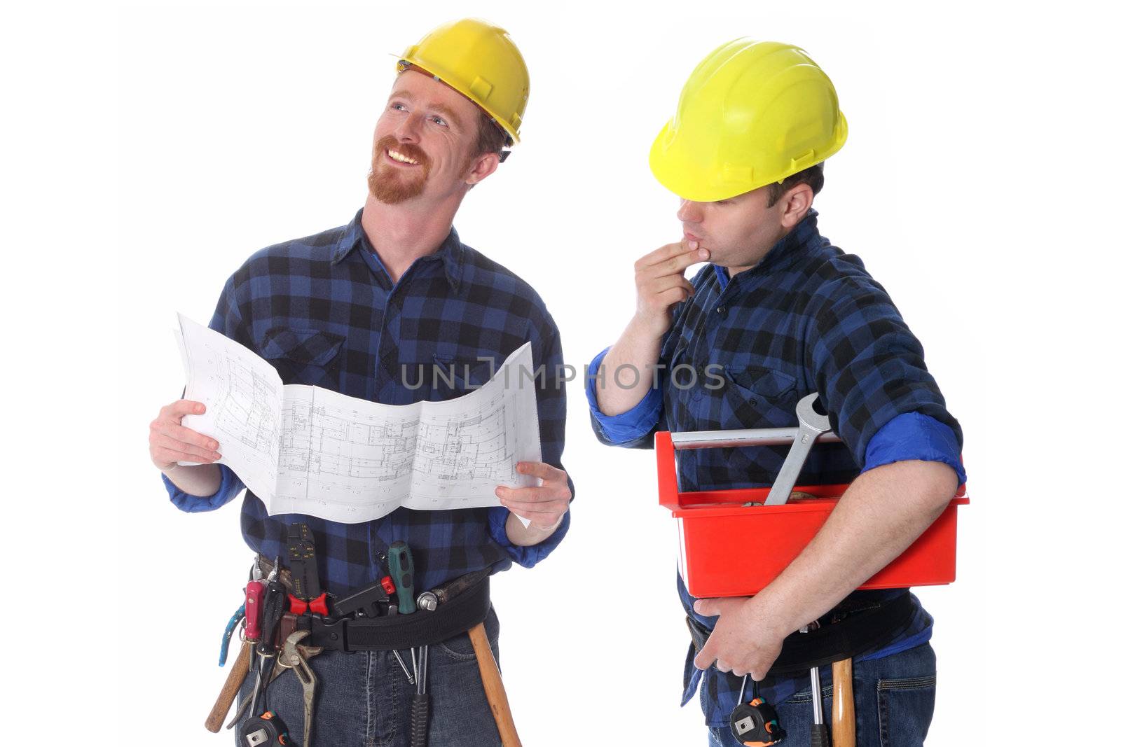 Two construction workers with architectural plans  by vladacanon
