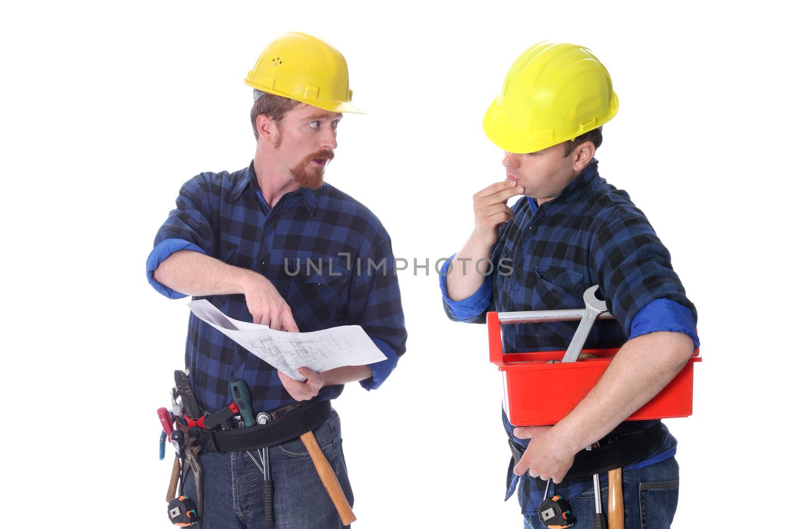 Two construction workers with architectural plans  by vladacanon