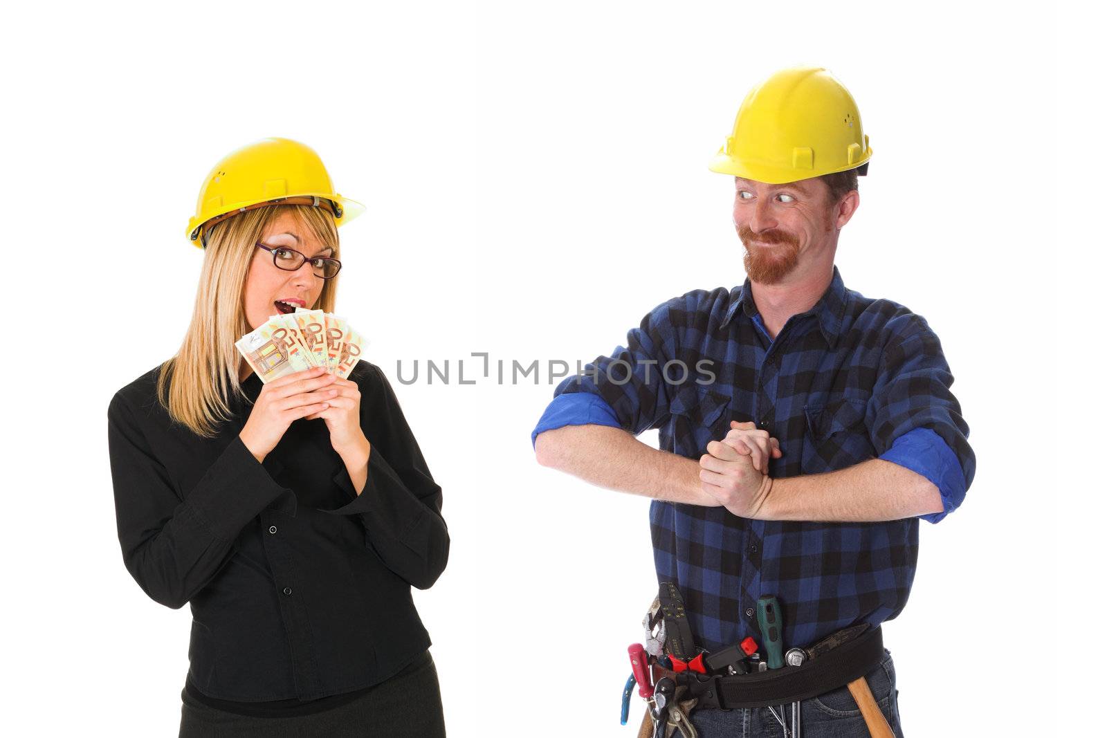 construction worker and businesswoman with earnings on white background