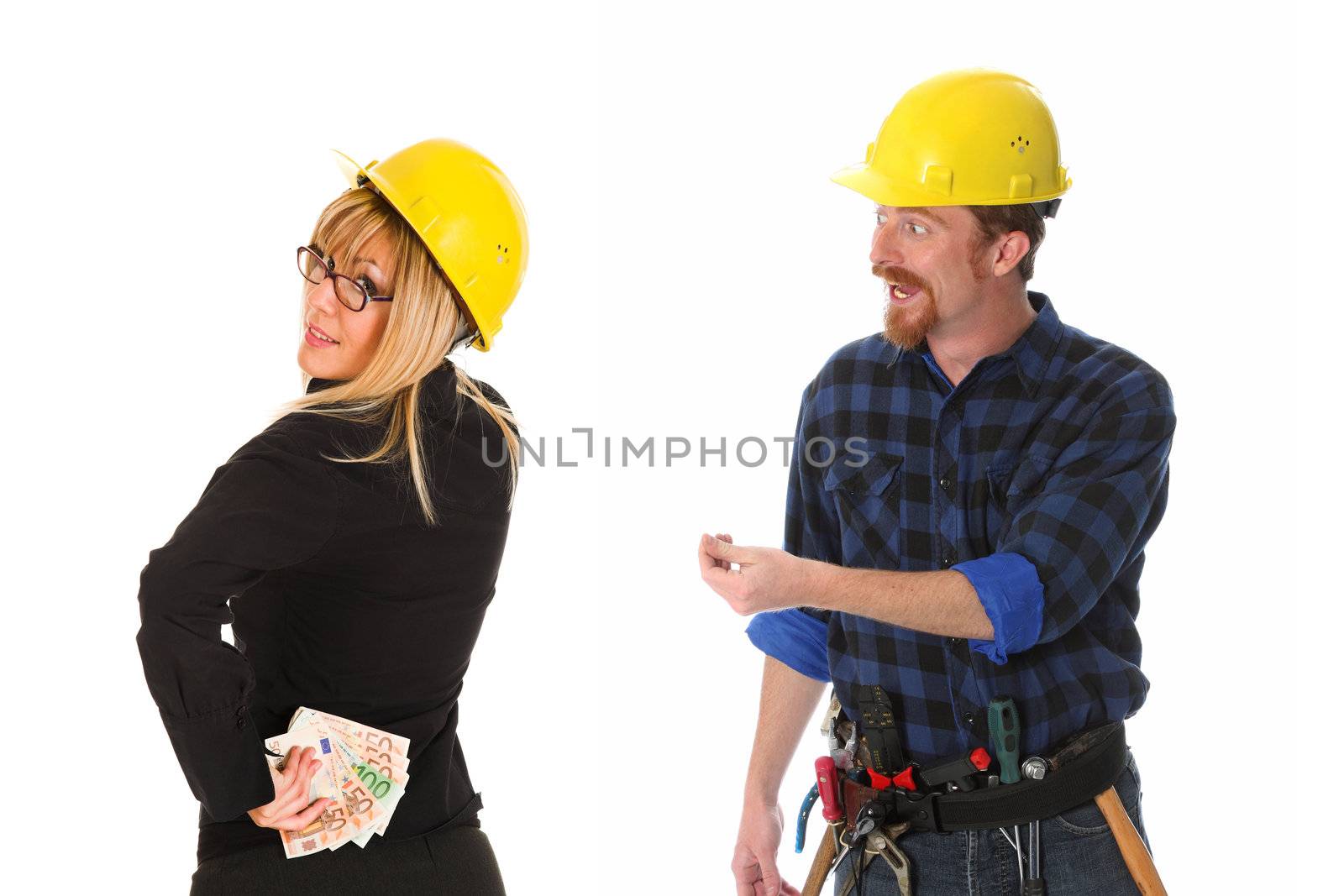 construction worker and businesswoman with earnings on white background