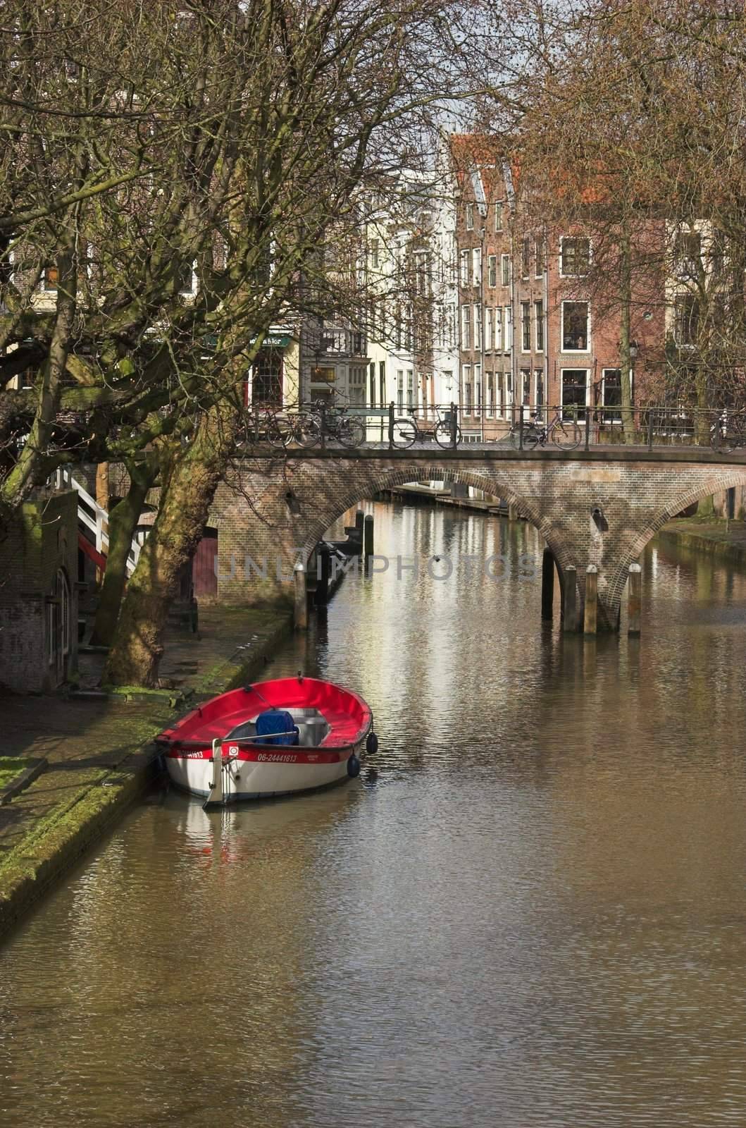 Rowing boat on a picturesque canal in Utrecht, Holland