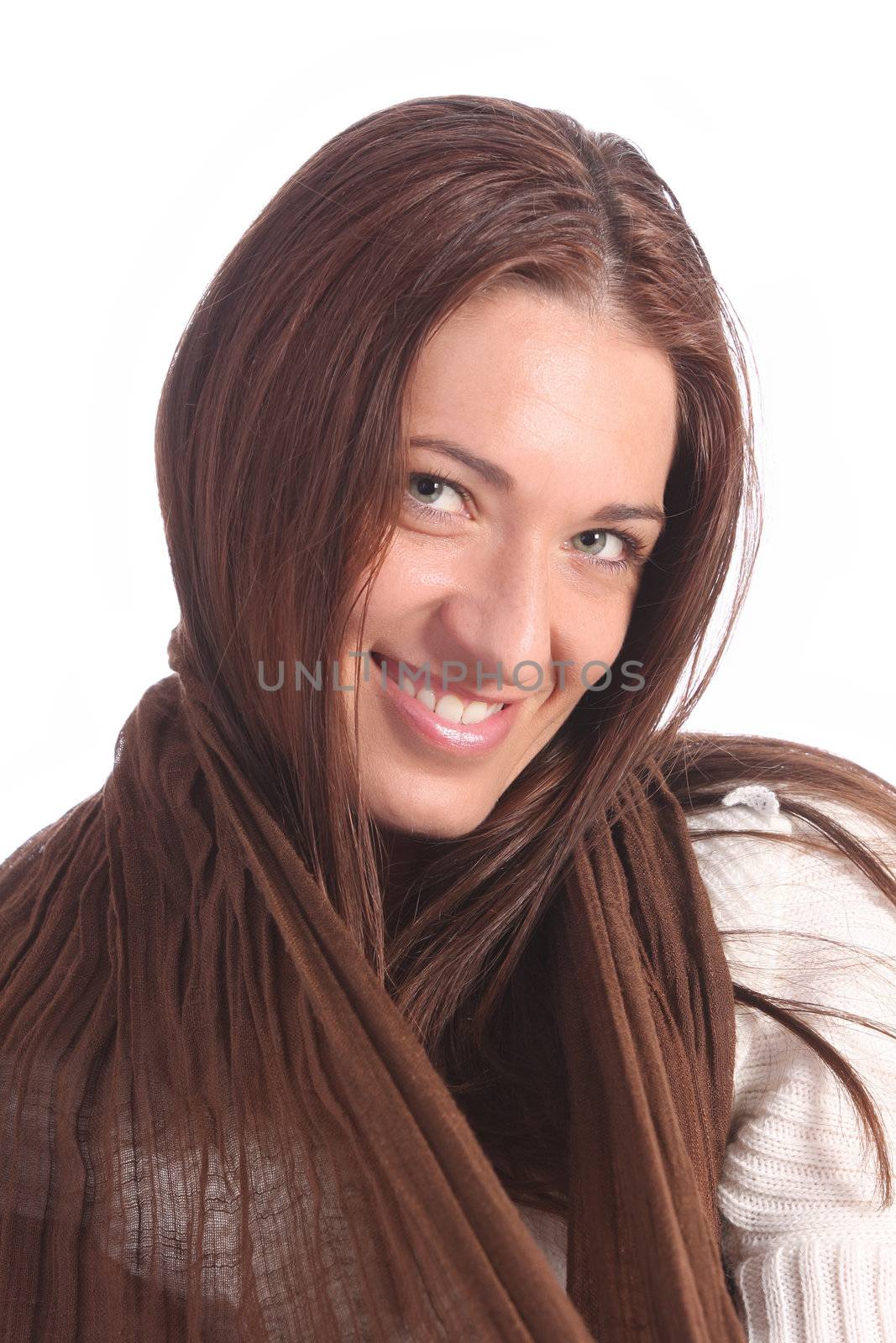 beautiful young a woman with brown scarf on white background