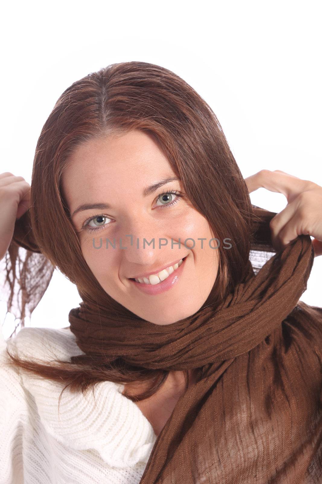 beautiful young a woman with brown scarf on white background