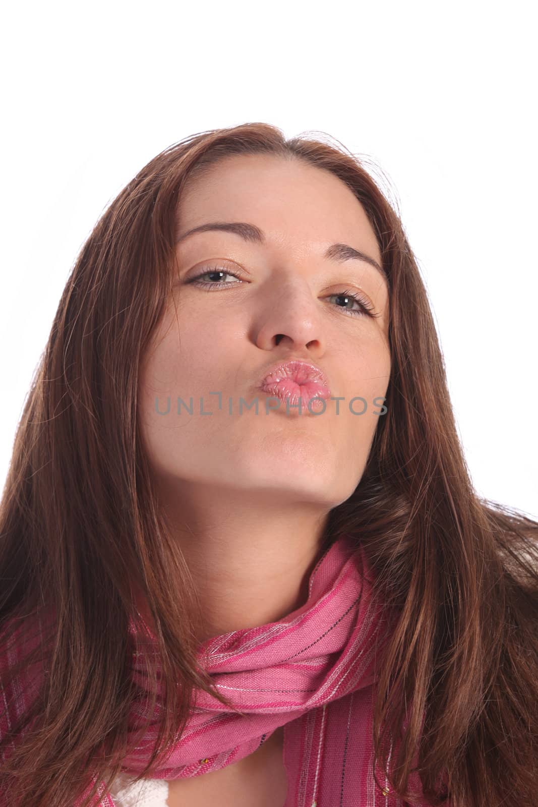 beautiful young a woman sending kiss on white background