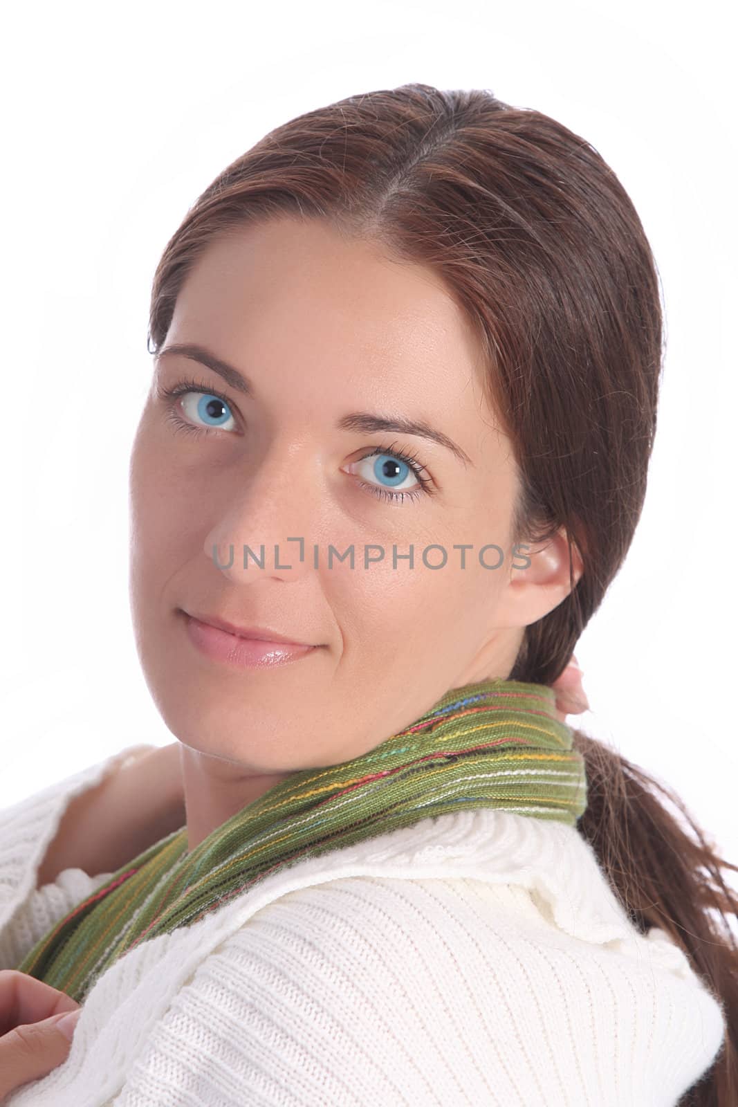 beautiful young a woman with blue eyes on white background