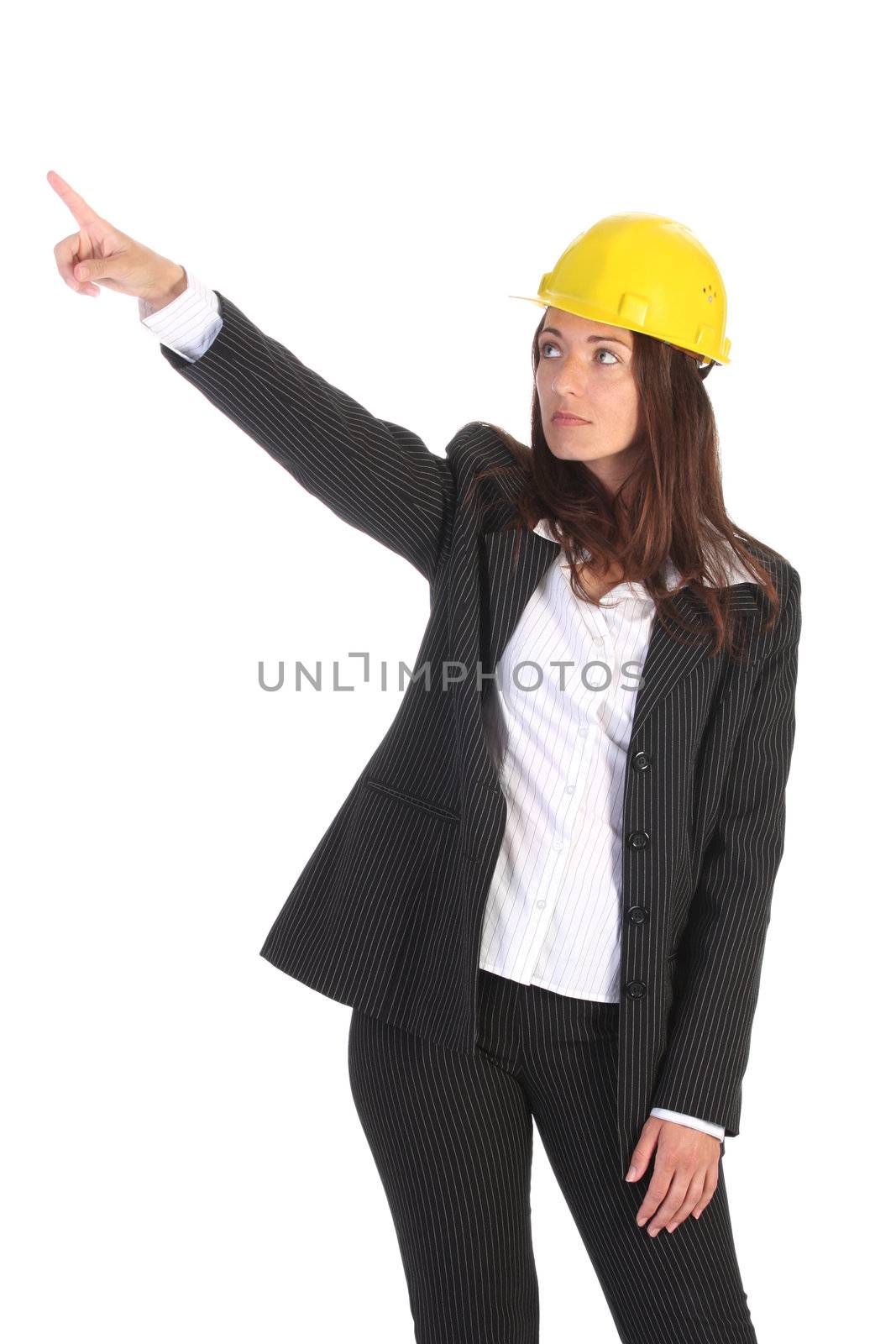 young businesswoman pointing up on white background