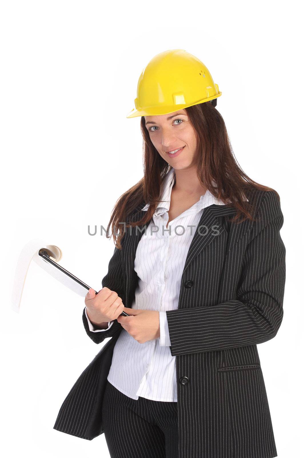 young businesswoman with documents on white background