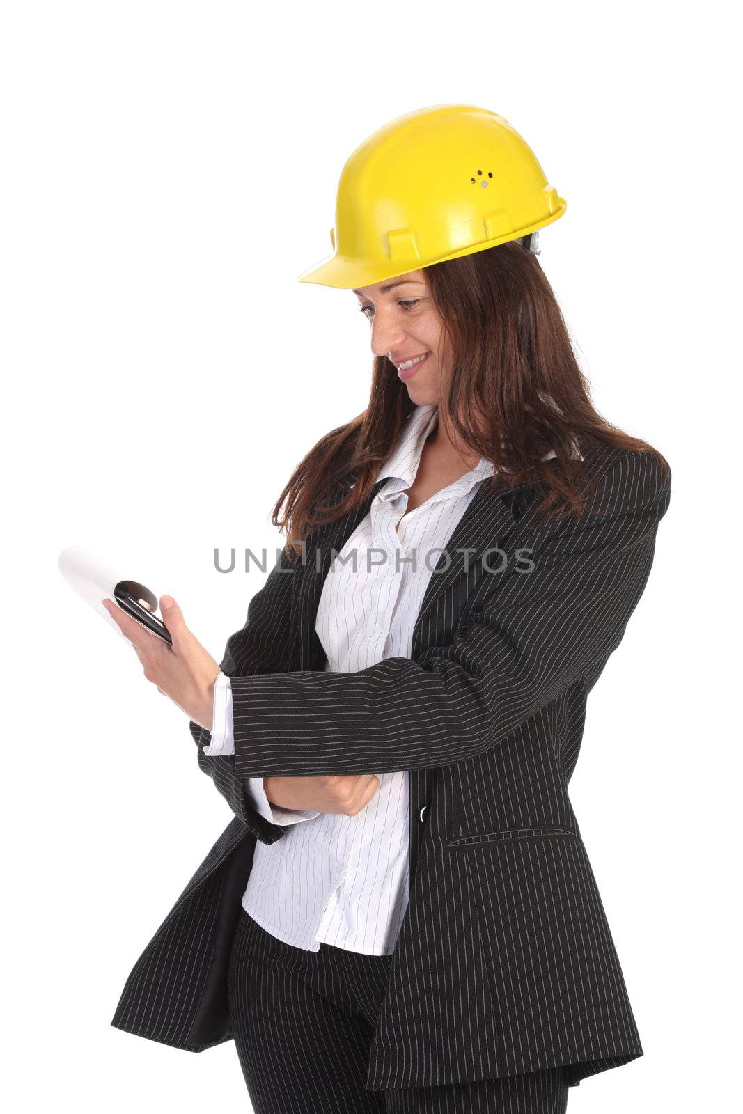 young businesswoman with documents on white background