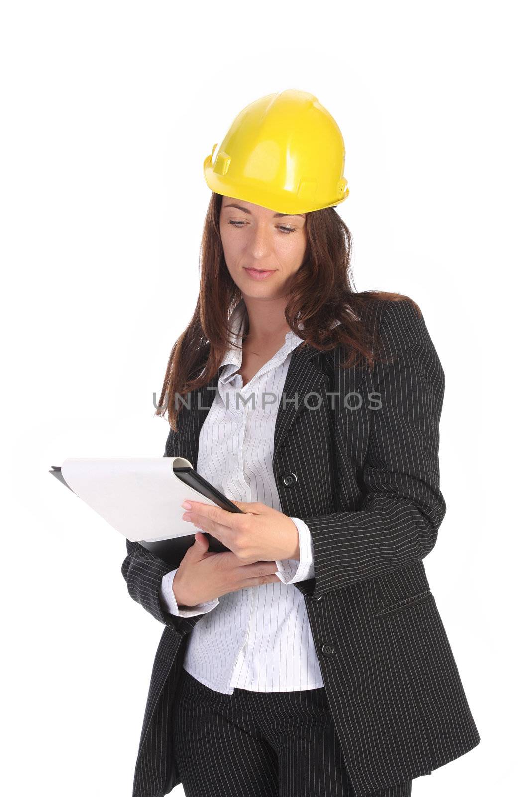 young businesswoman with documents on white background