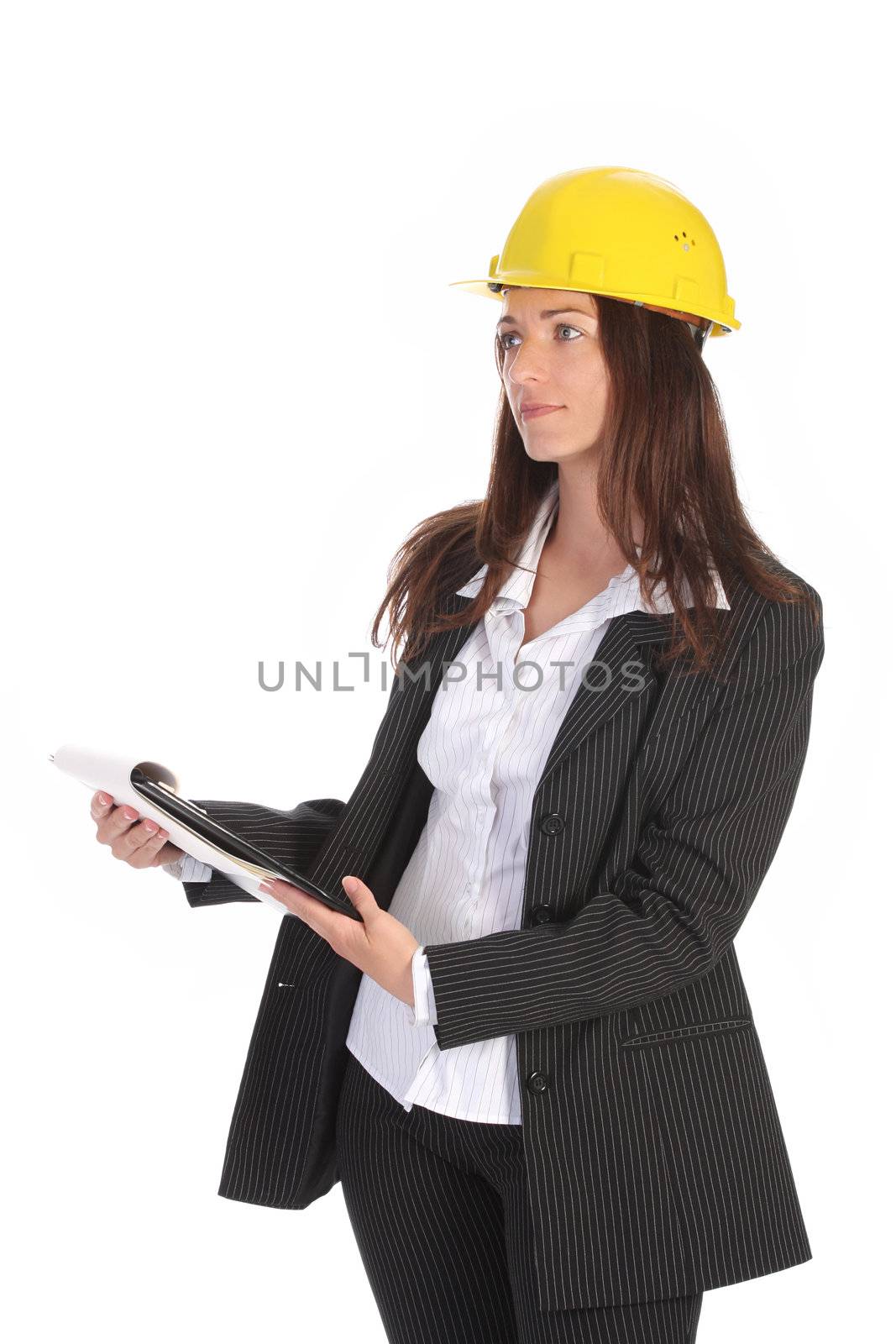 young businesswoman with documents on white background