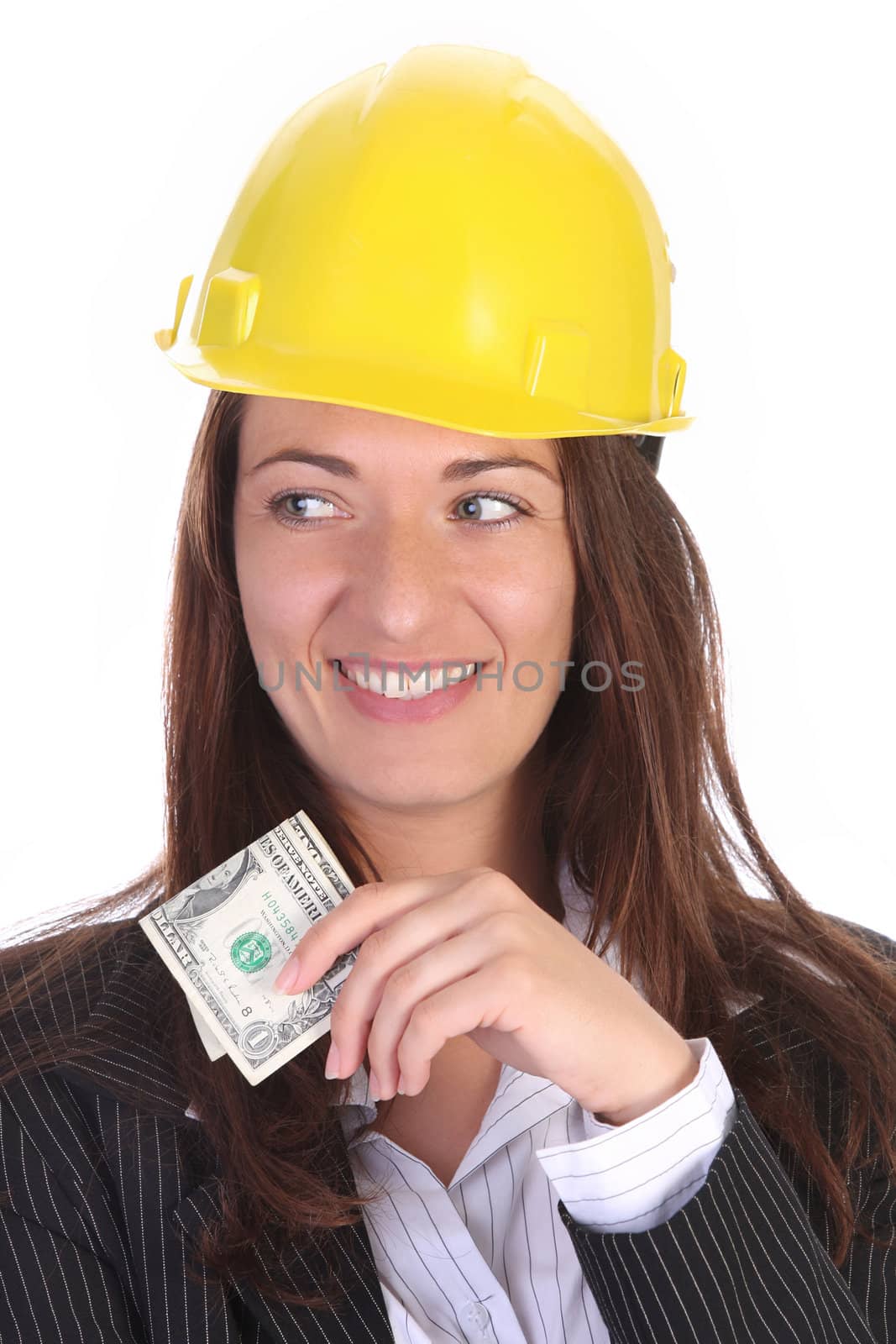 young businesswoman with earnings on white background