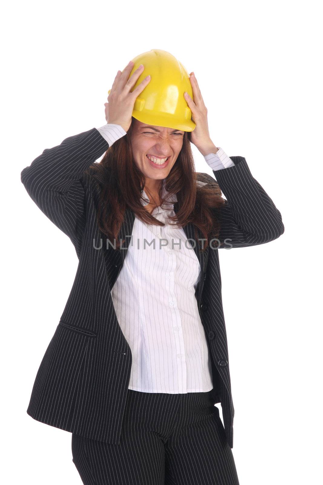 angry businesswoman with helmet on white background