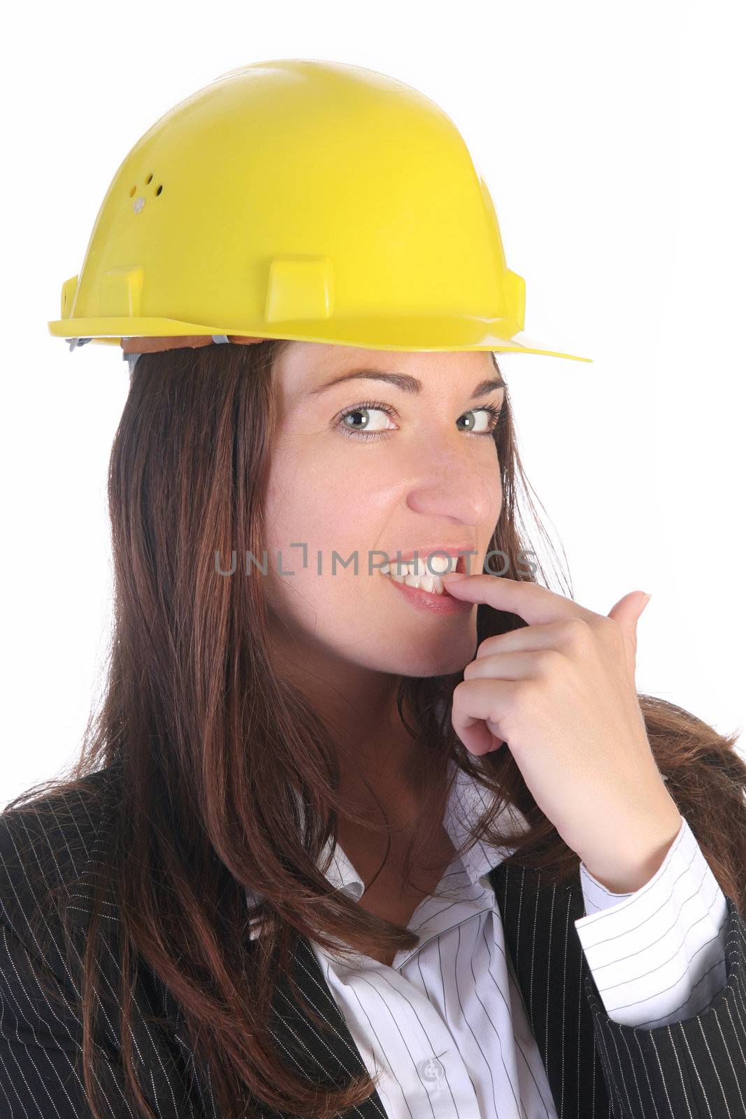 young businesswoman with helmet on white background