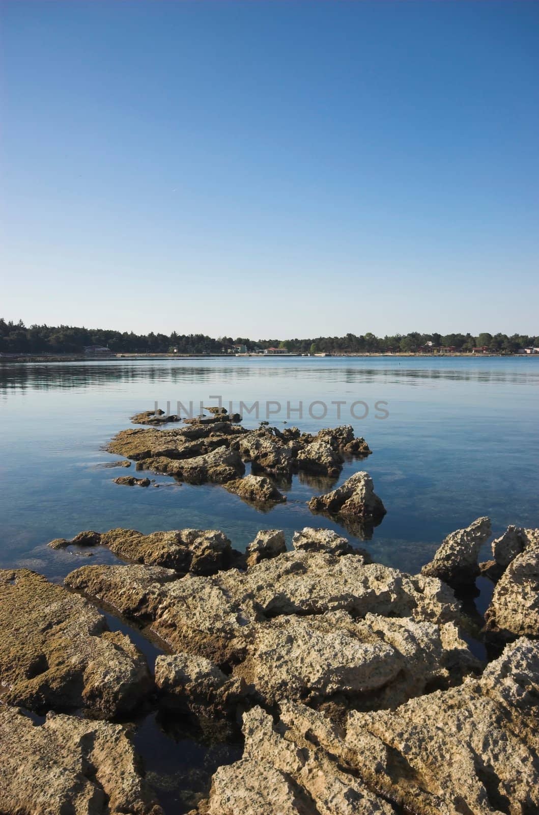 Rocky croatian beach in the area of Umag, Adriatic sea