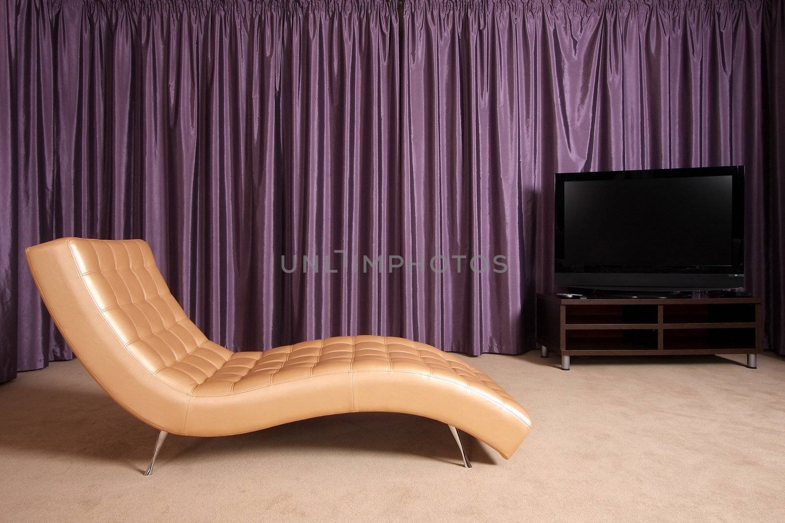 
Beautiful modern interior with a convenient armchair from a genuine leather, the big television screen and a beautiful floor vase