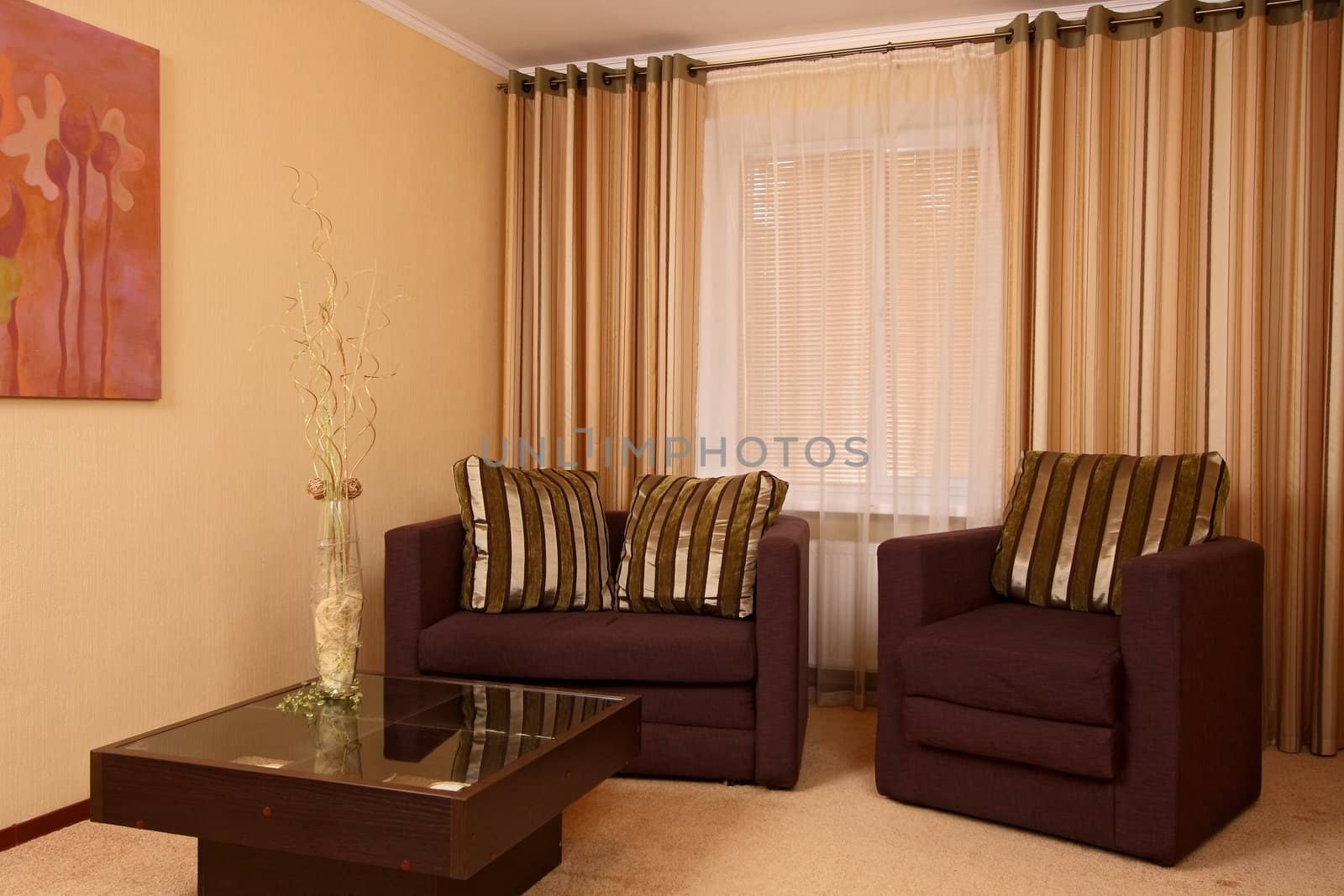 Beautiful modern hall with a sofa, an armchair, and a small little table in the room centre