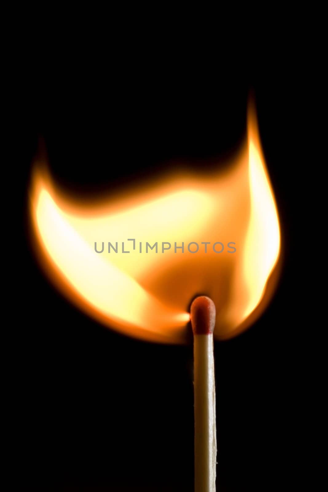 single match on fire isolated on black background