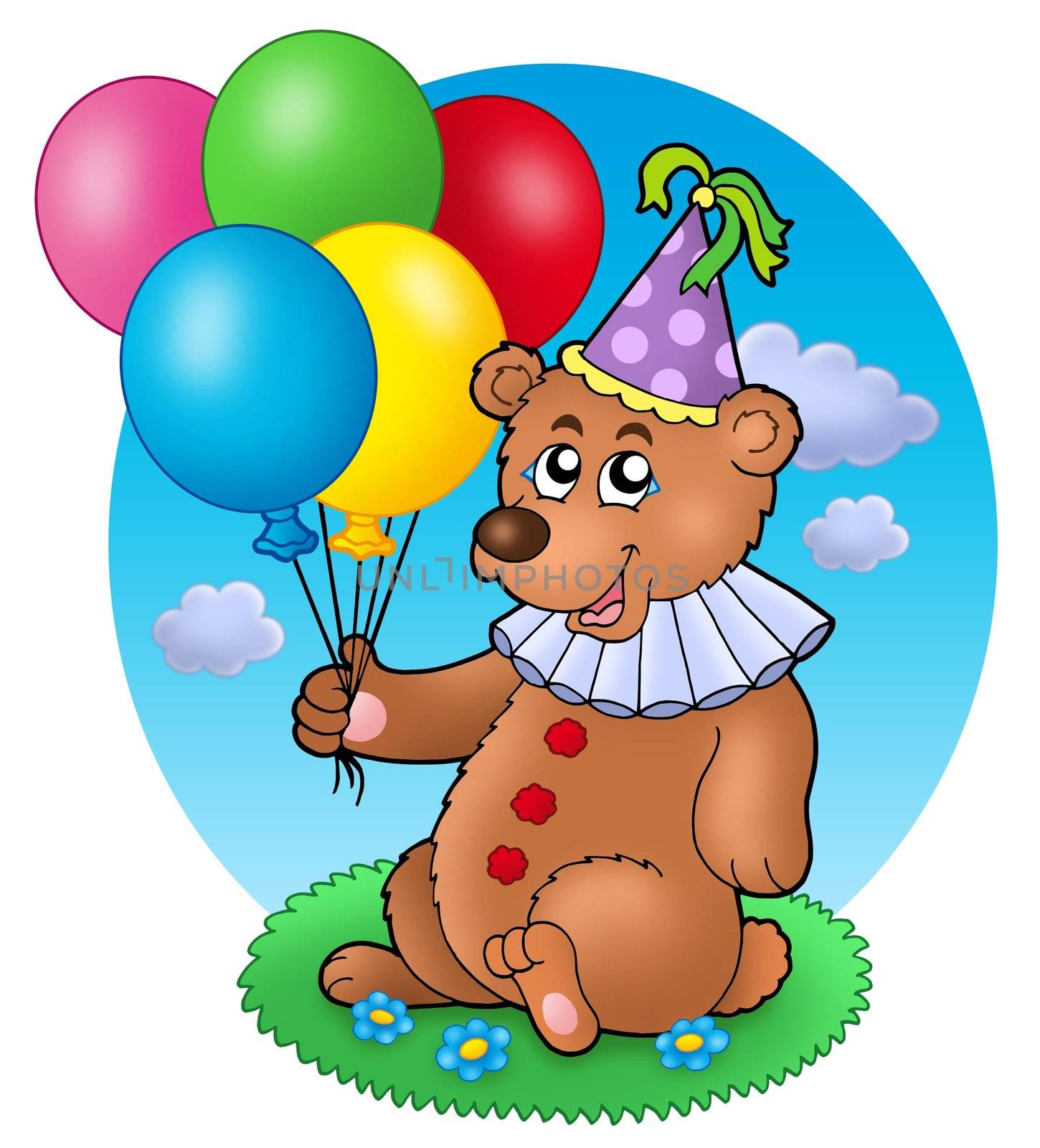 Bear clown with balloons on meadow - color illustration.