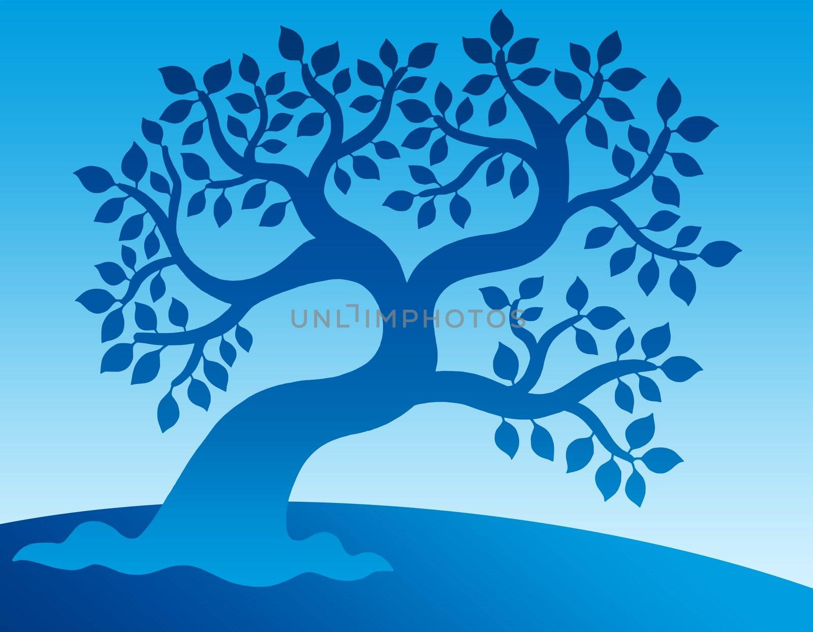 Blue leafy tree - color illustration.