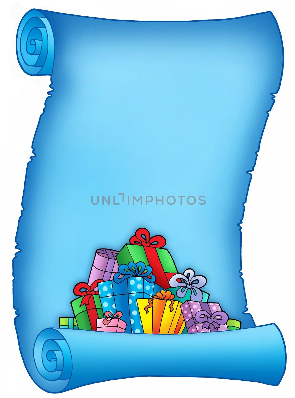 Blue parchment with pile of gifts - color illustration.