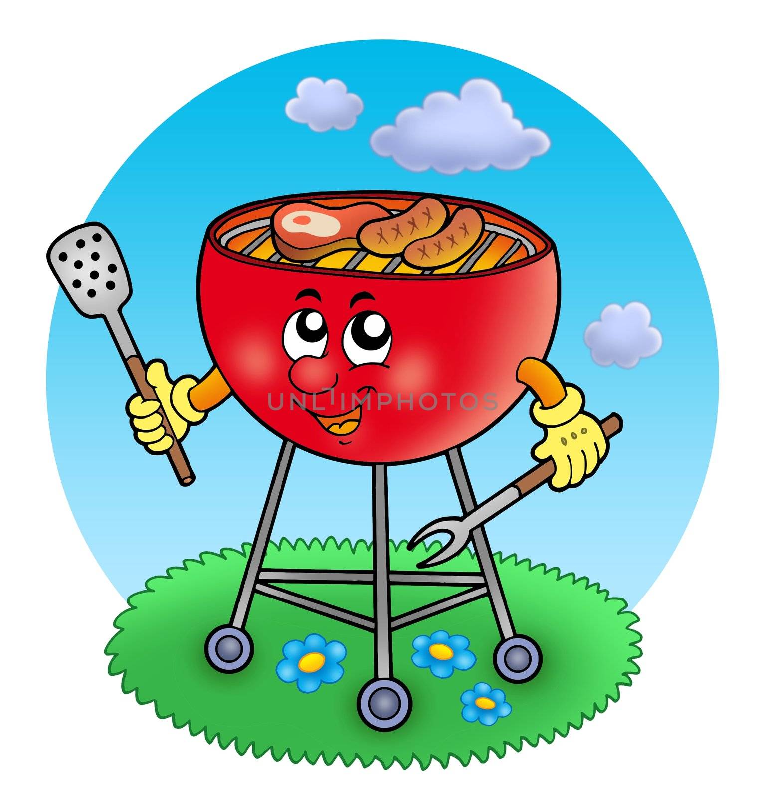 Cartoon barbeque in garden - color illustration.