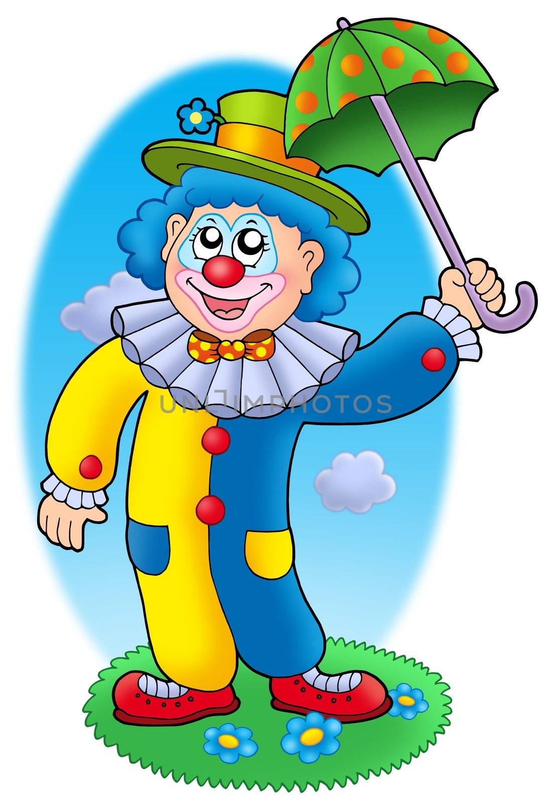 Cartoon clown holding umbrella - color illustration.