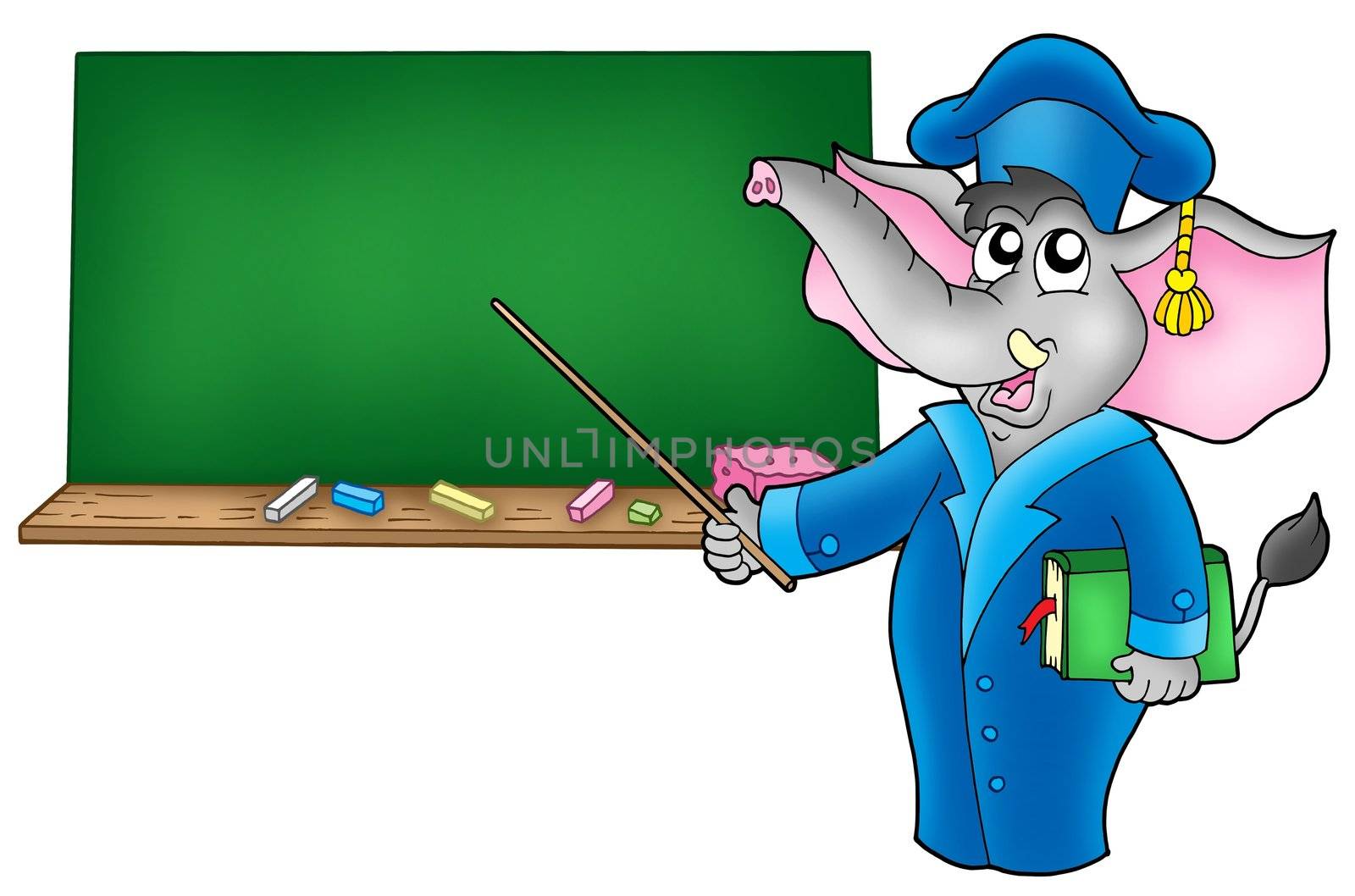 Cartoon elephant teacher with blackboard - color illustration.