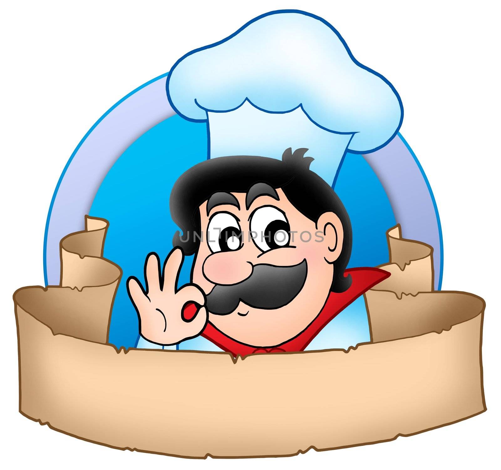 Cartoon chef in circle with banner - color illustration.