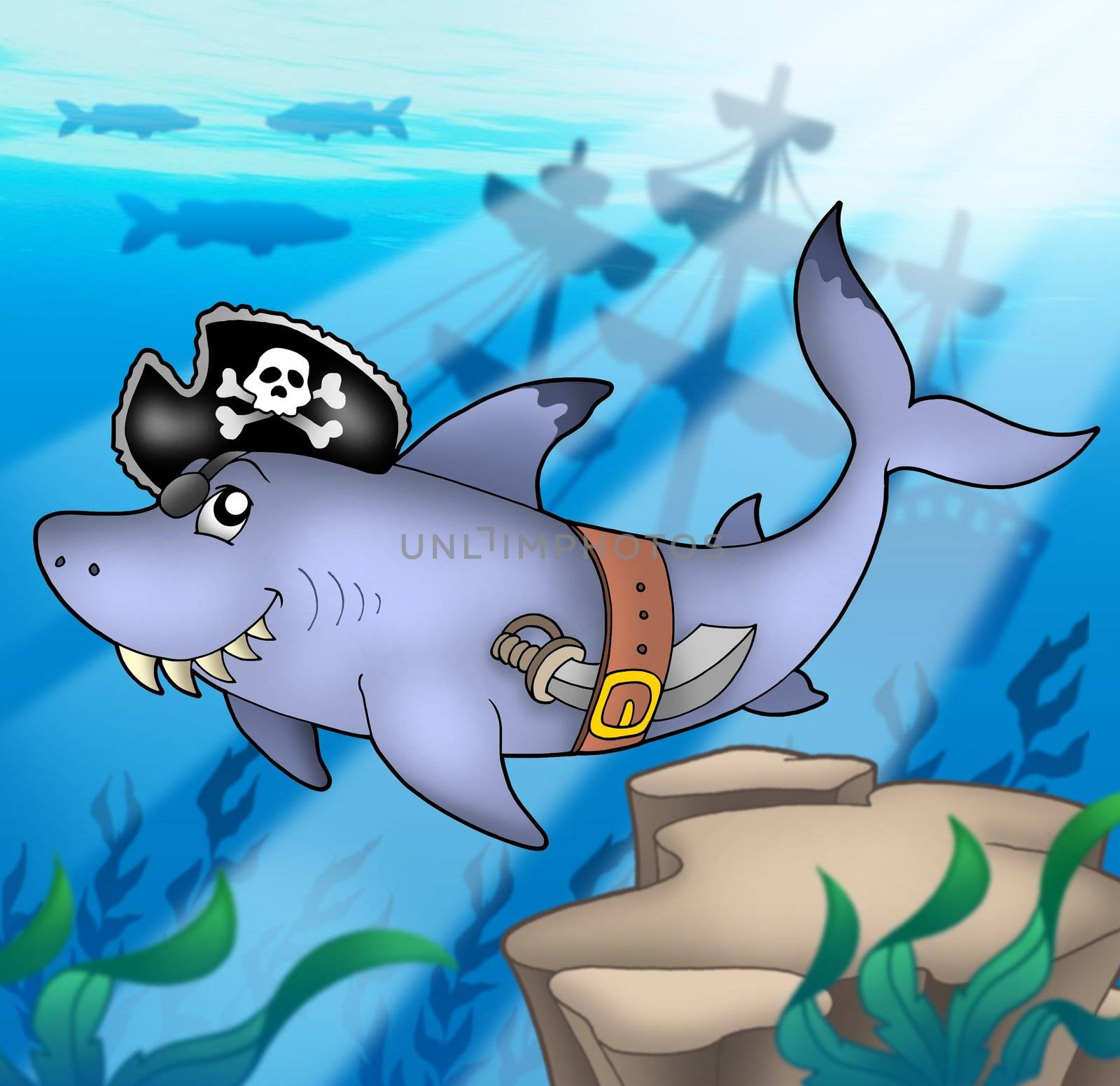 Cartoon pirate shark with shipwreck by clairev