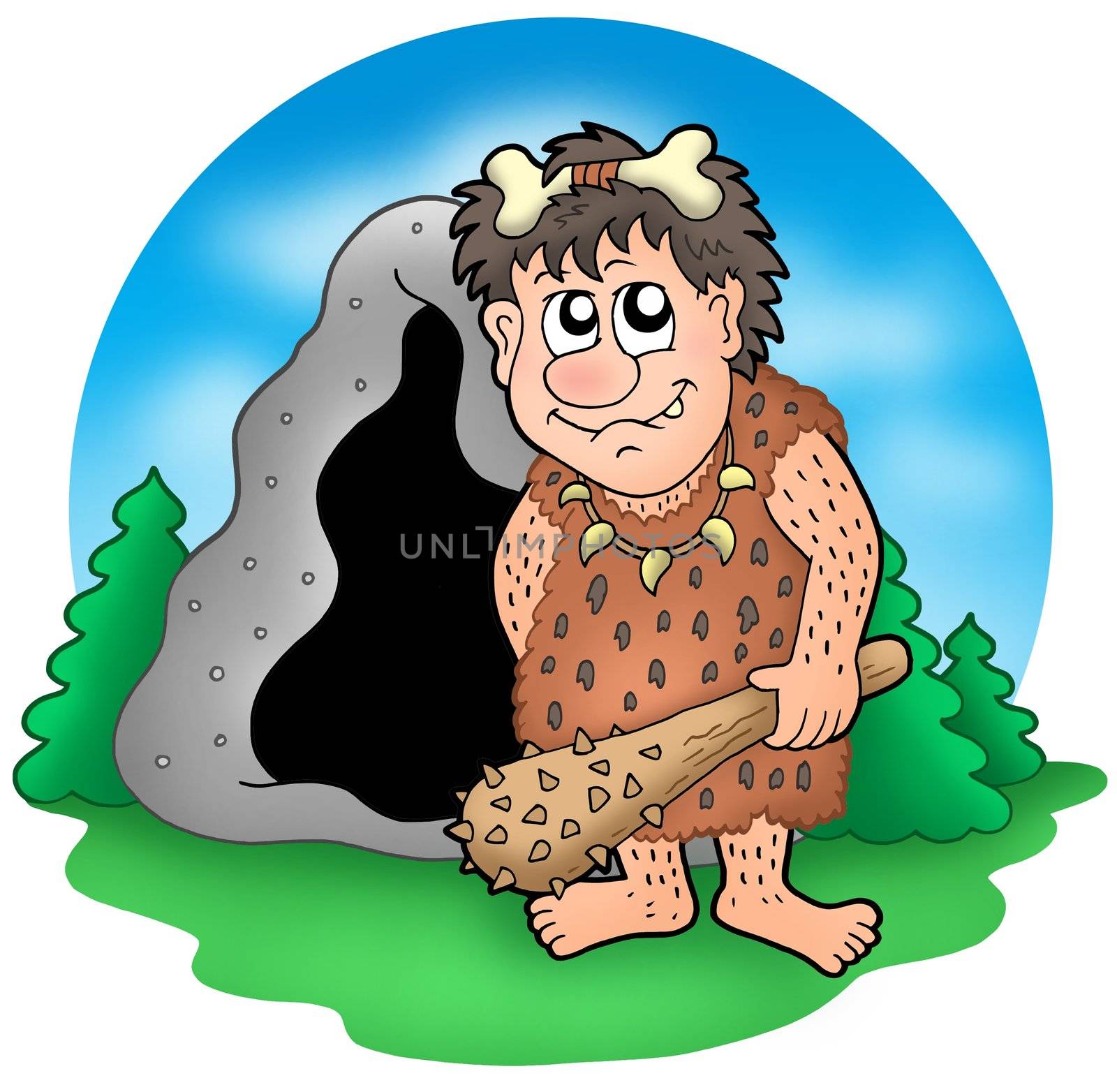 Cartoon prehistoric man before cave - color illustration.