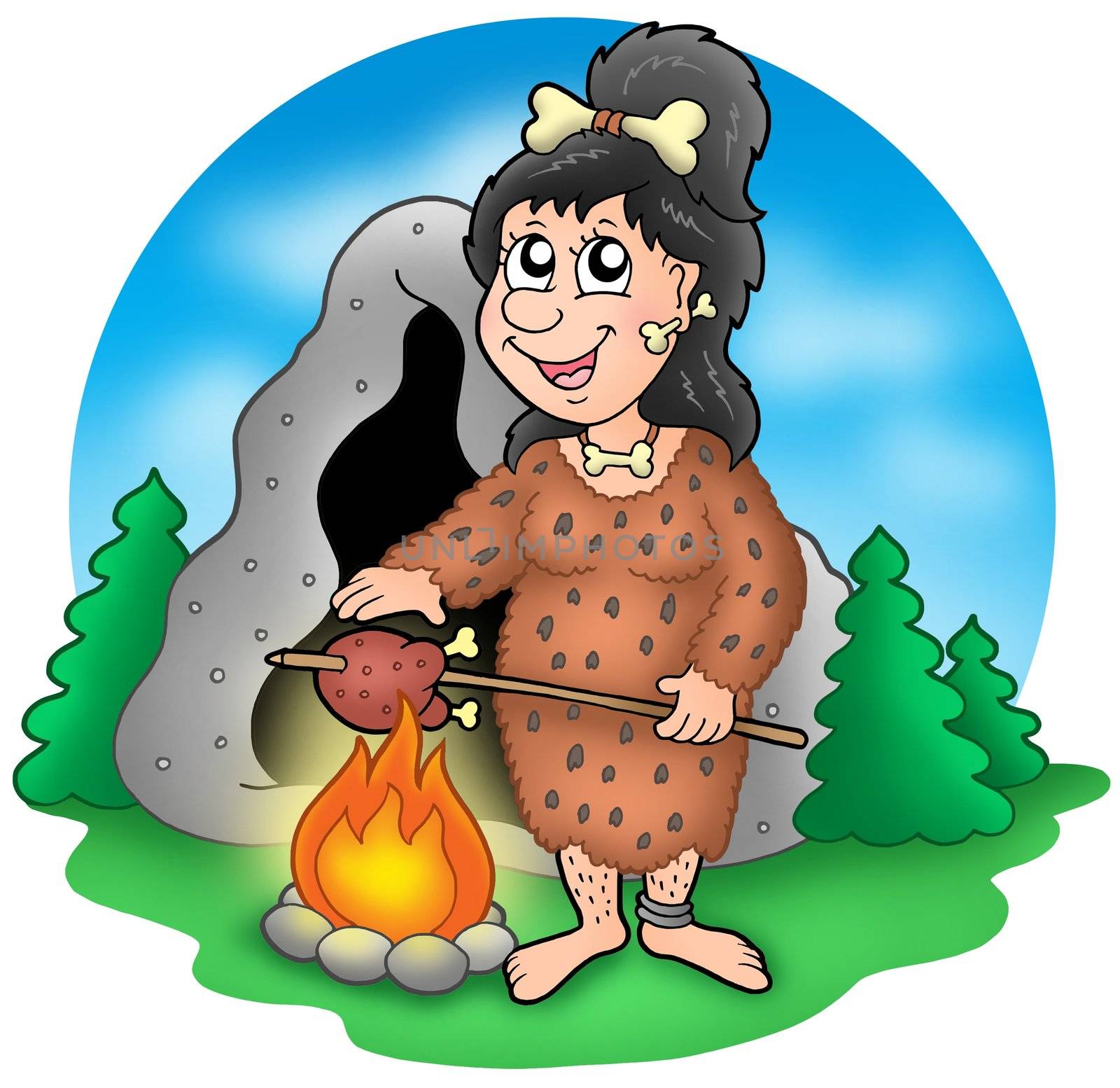 Cartoon prehistoric woman before cave - color illustration.
