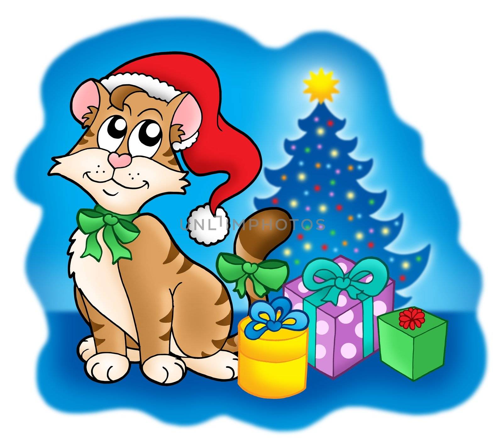 Cat with Christmas tree and gifts - color illustration.