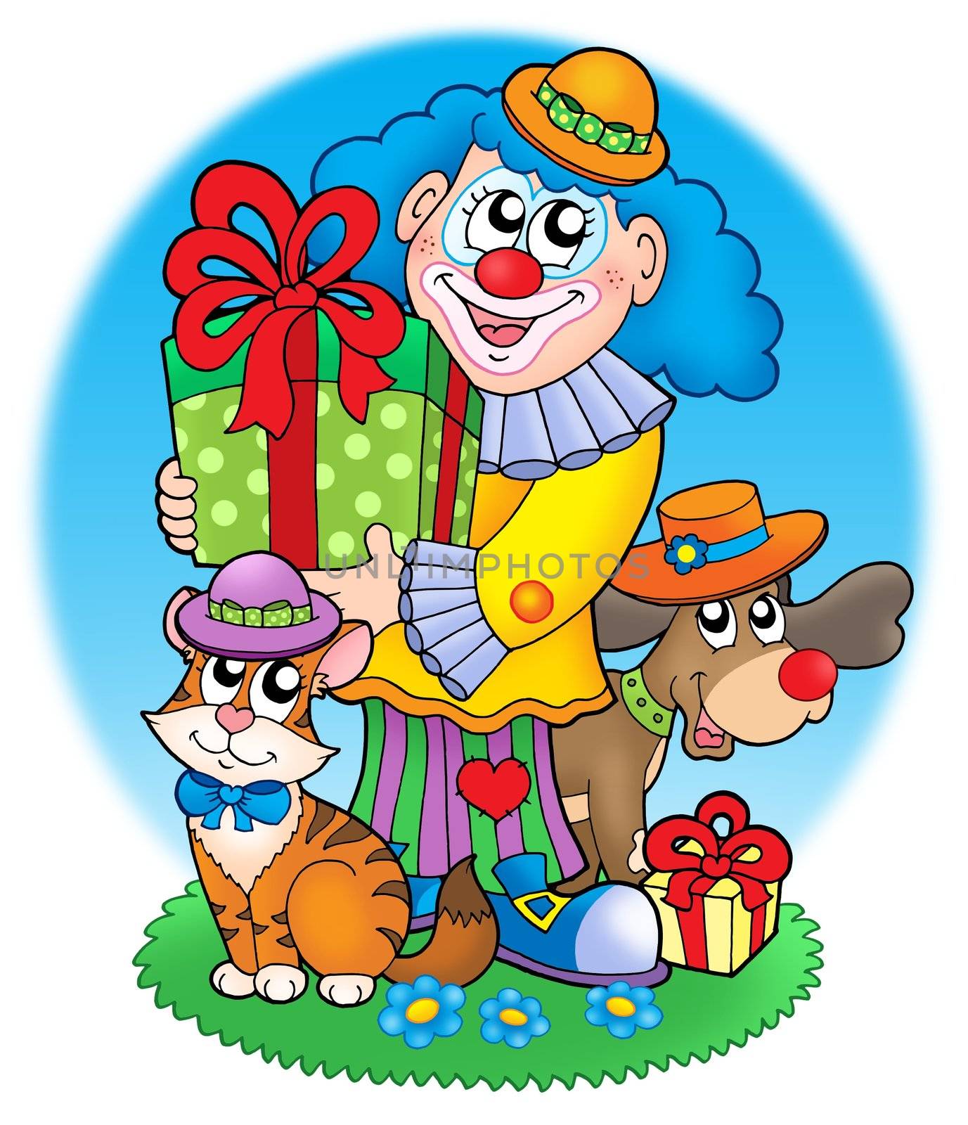 Circus clown with pets by clairev