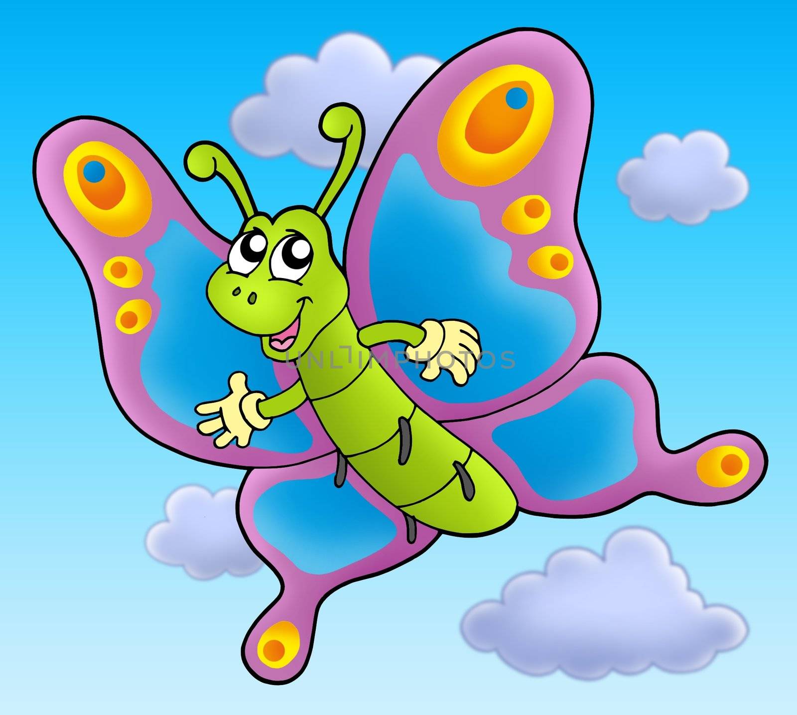 Cute cartoon butterfly on sky - color illustration.