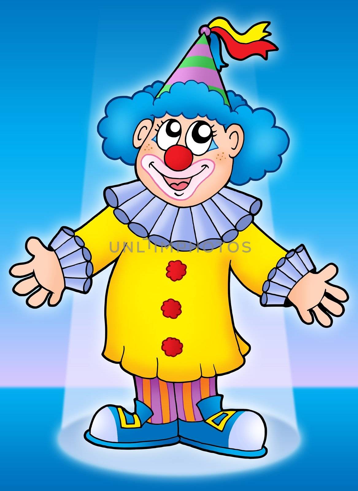 Cute clown on blue background - color illustration.